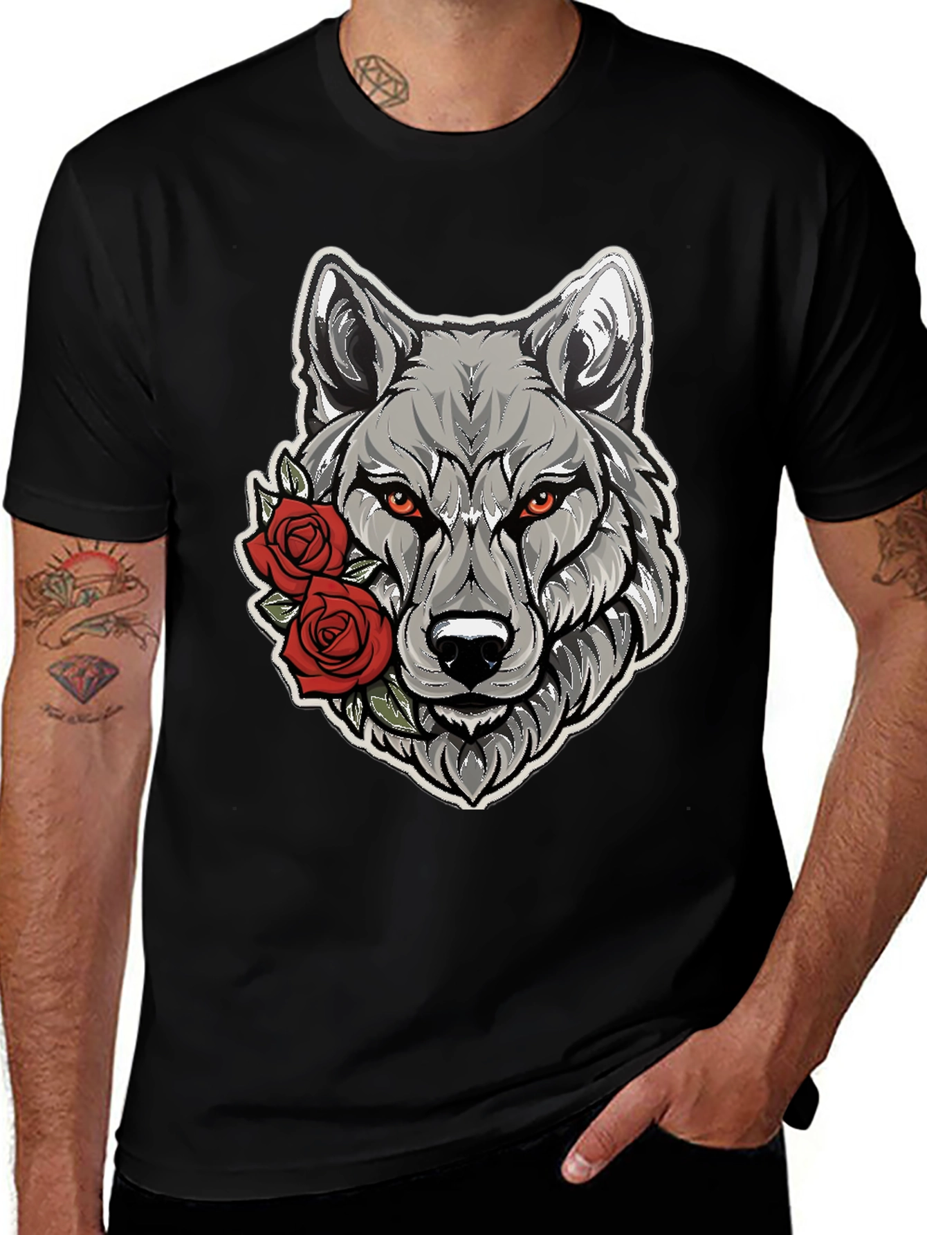 Wolf & Roses Graphic Tee - Mens Black T-Shirt