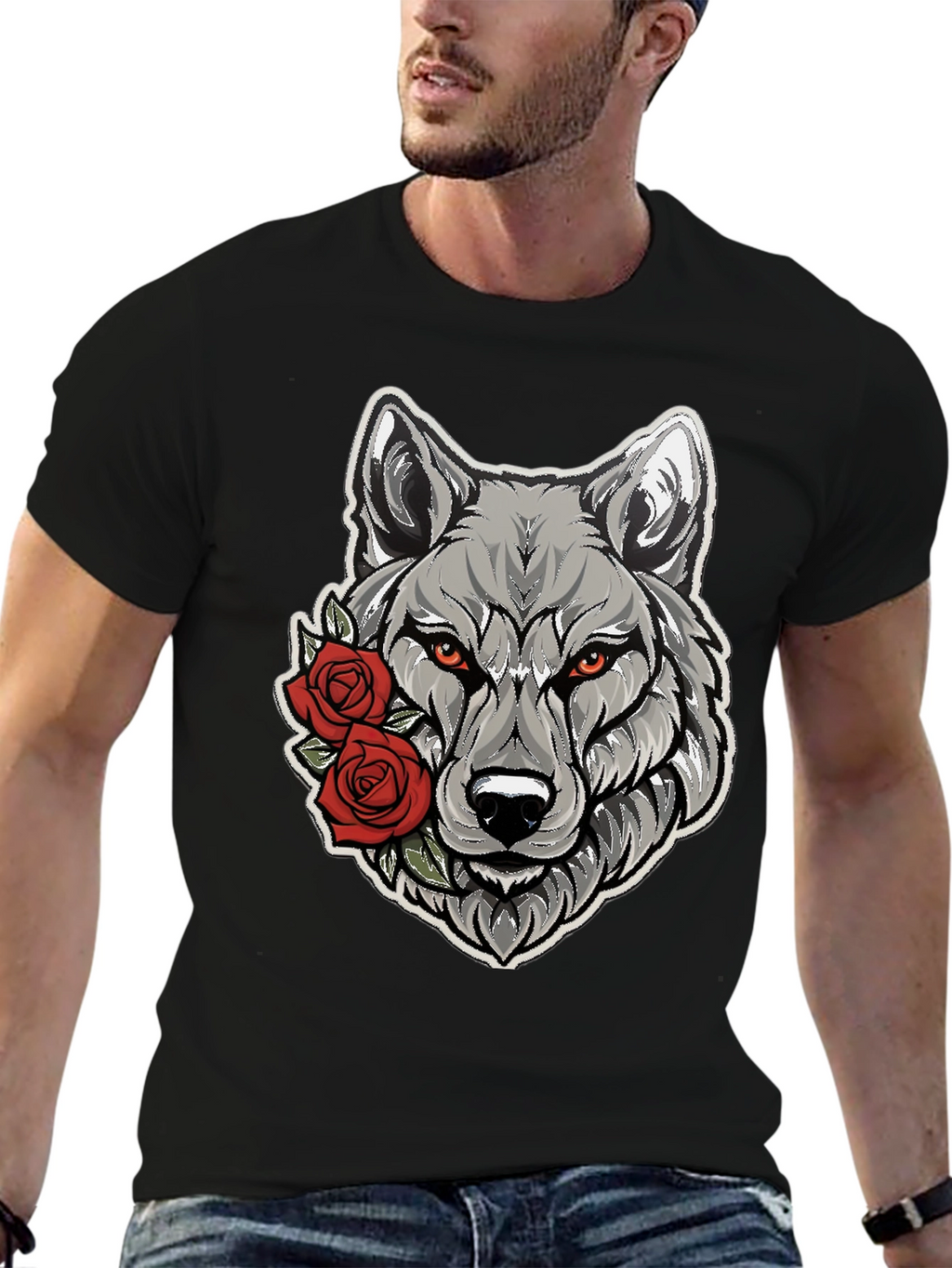 Wolf & Roses Graphic Tee - Mens Black T-Shirt