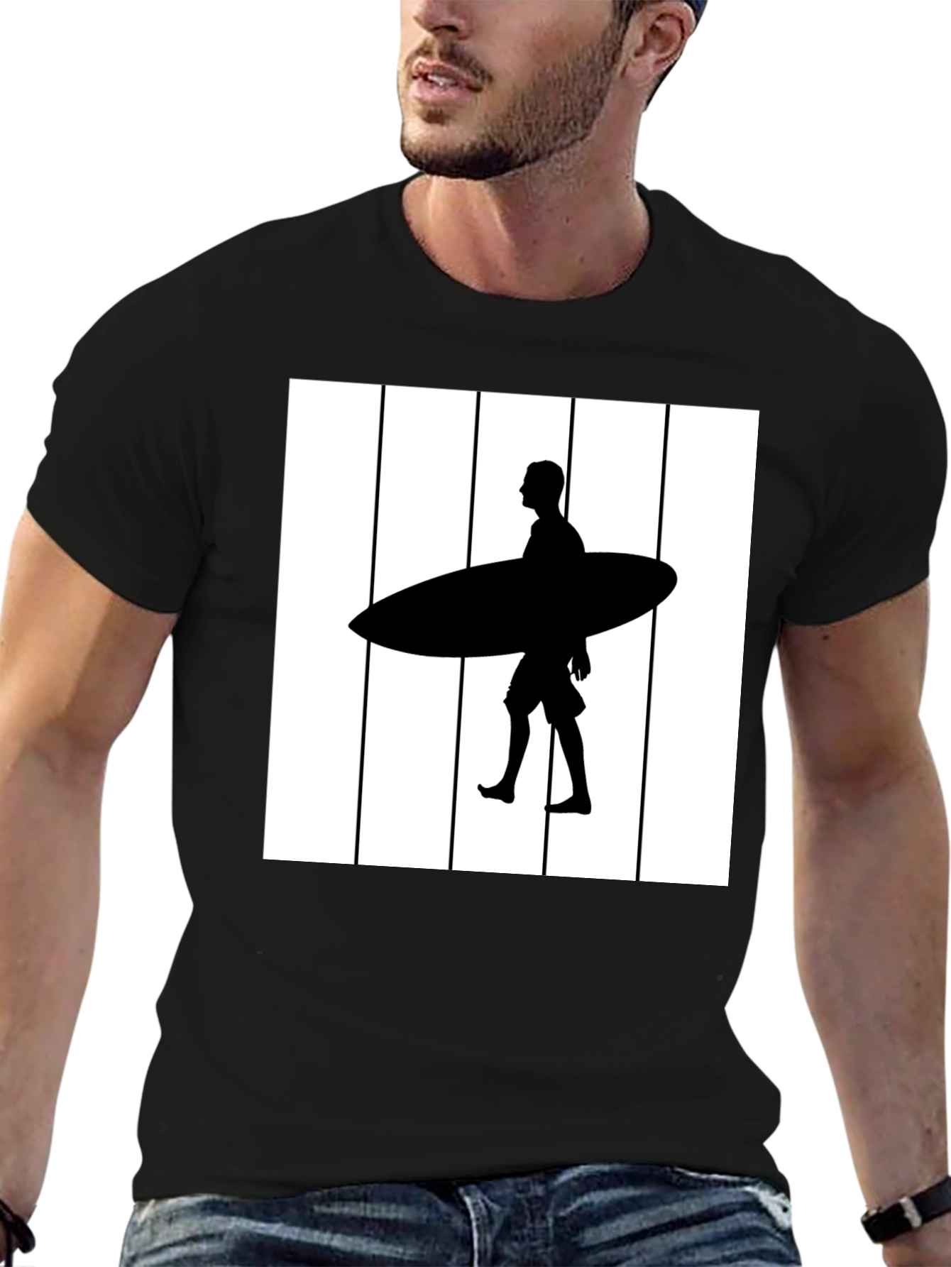 Surfer Silhouette Graphic Tee - Black Cotton Blend
