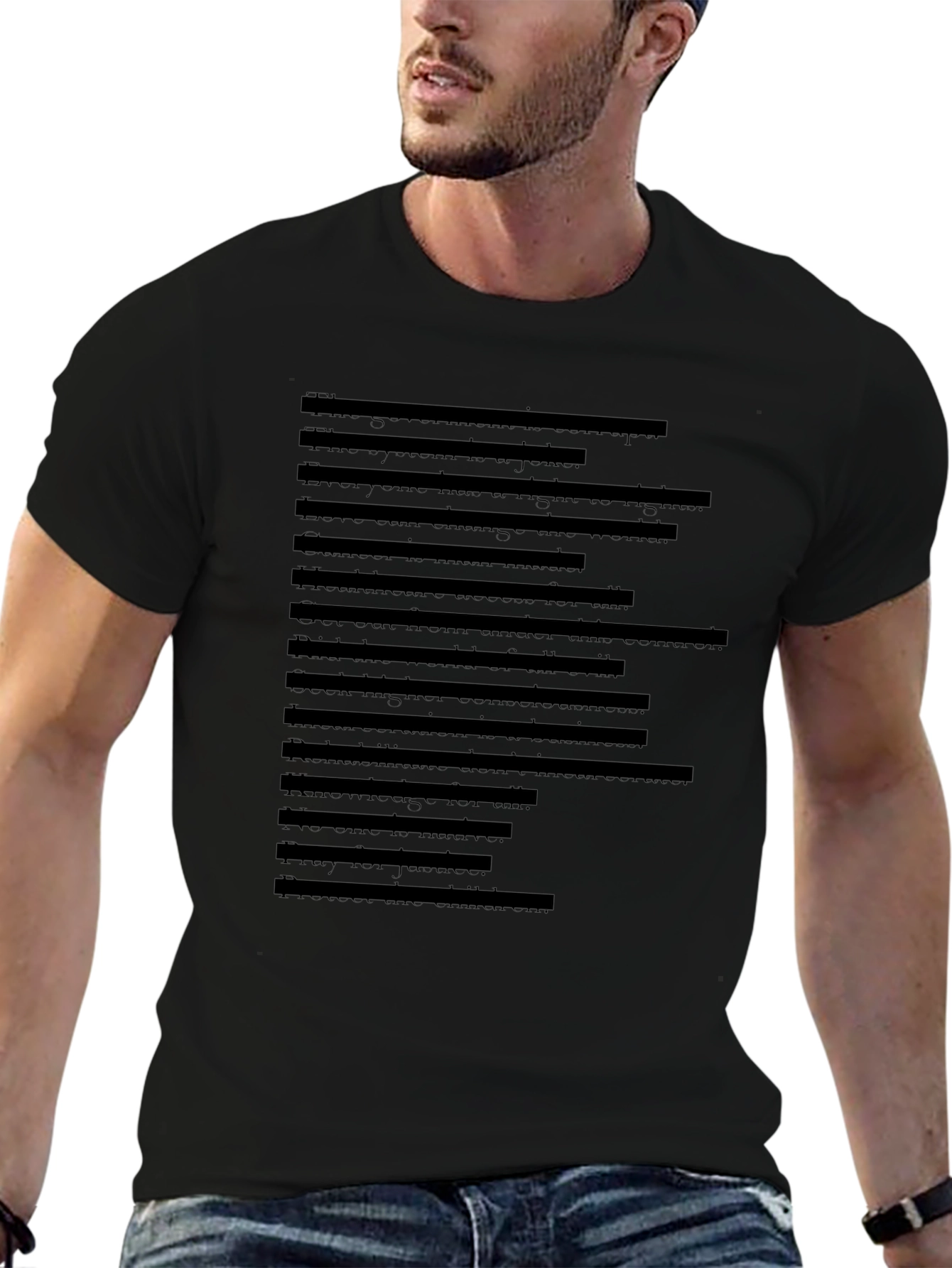 Mens Black T-Shirt with Faux Text Design