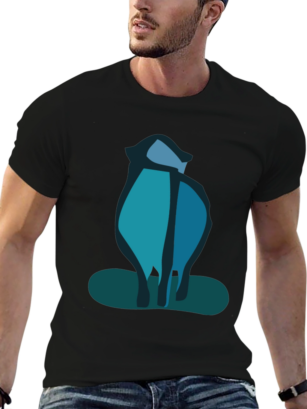 Abstract Blue Cat Black T-Shirt