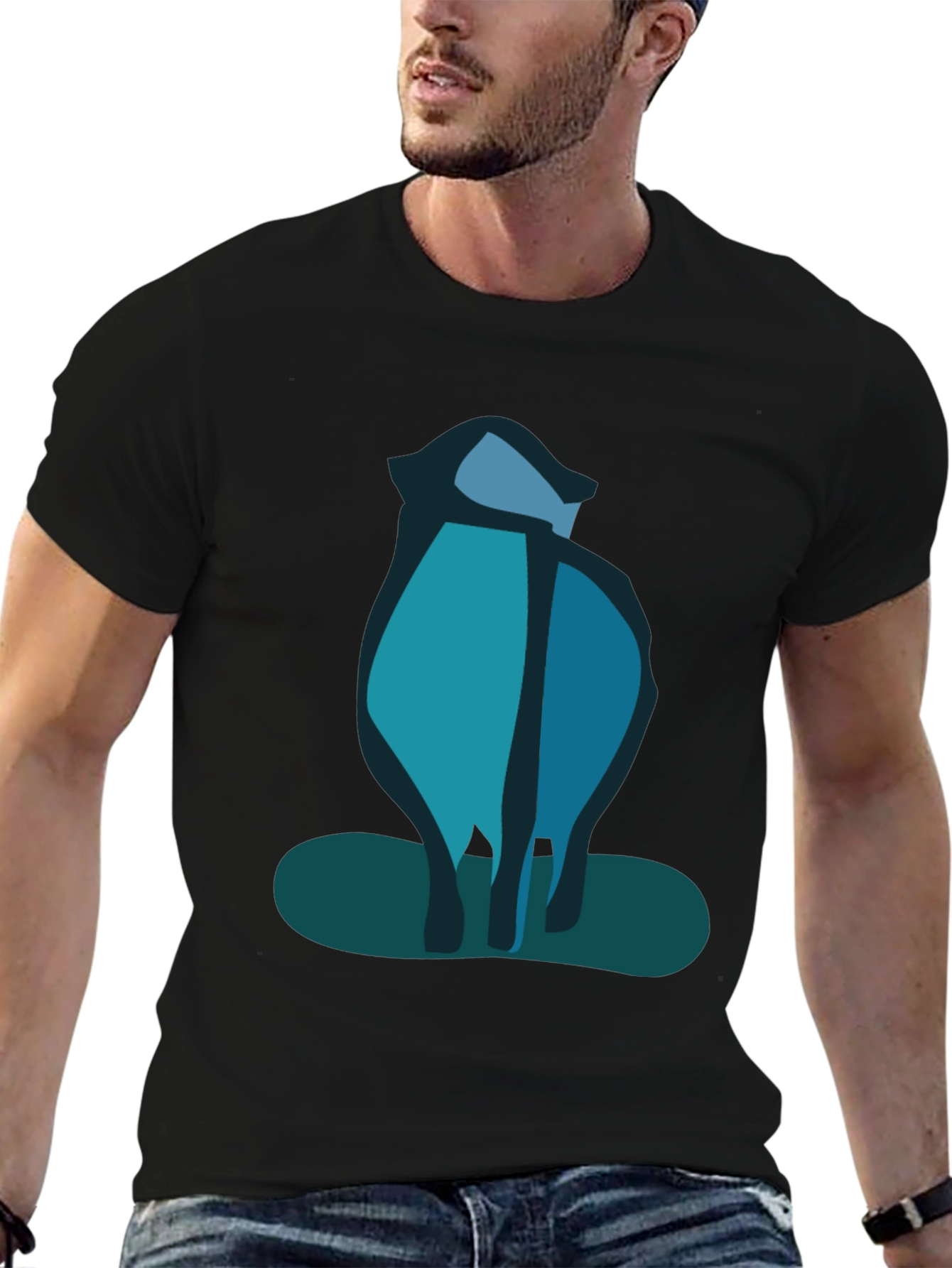 Abstract Blue Cat Black T-Shirt