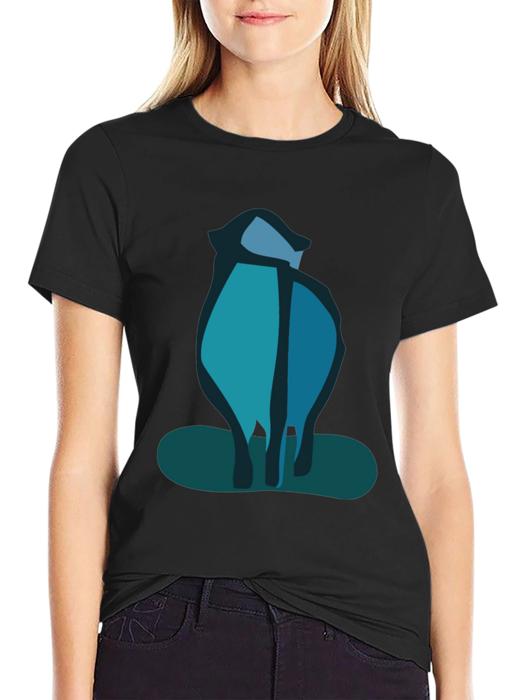 Abstract Blue Cat Black T-Shirt