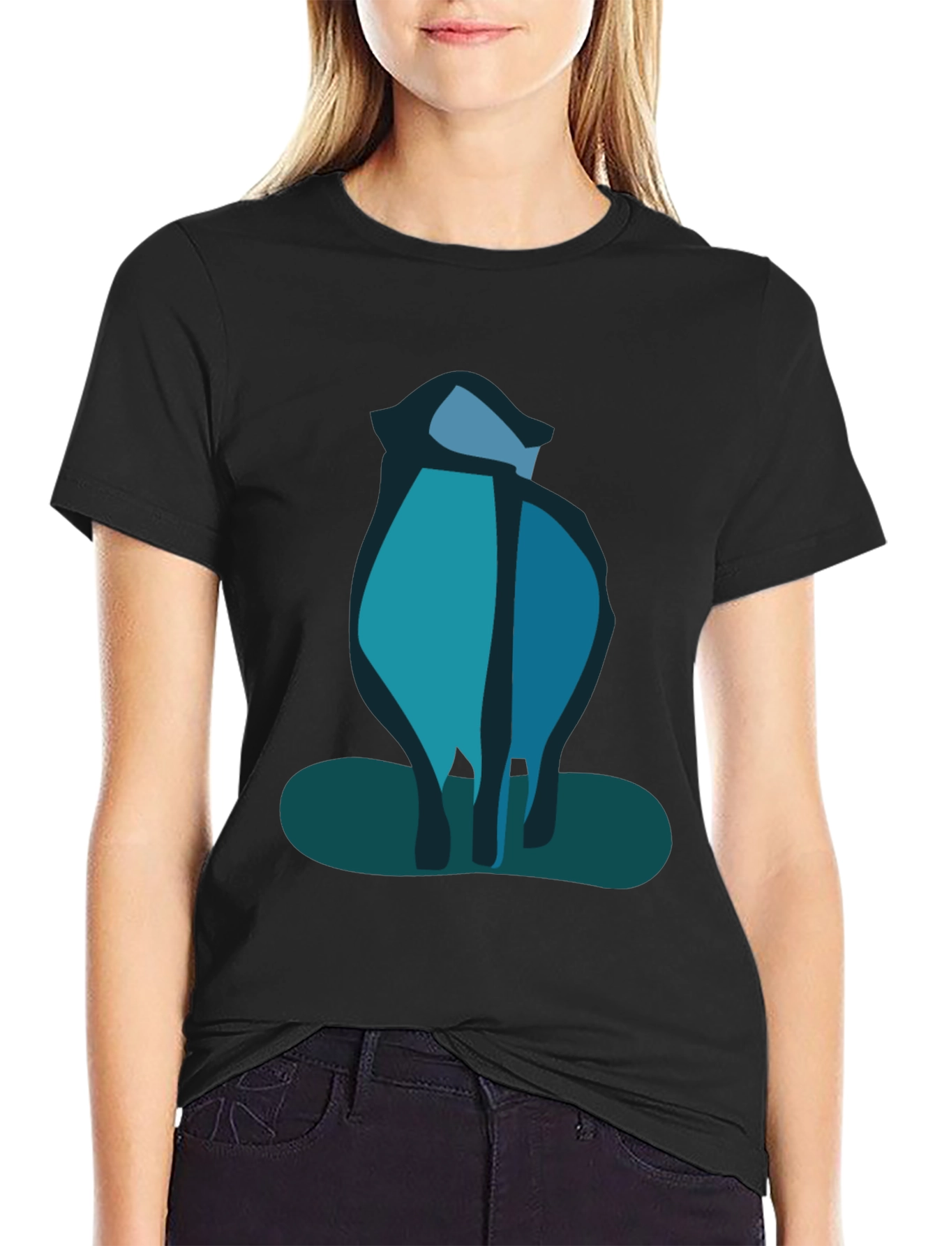 Abstract Blue Cat Black T-Shirt