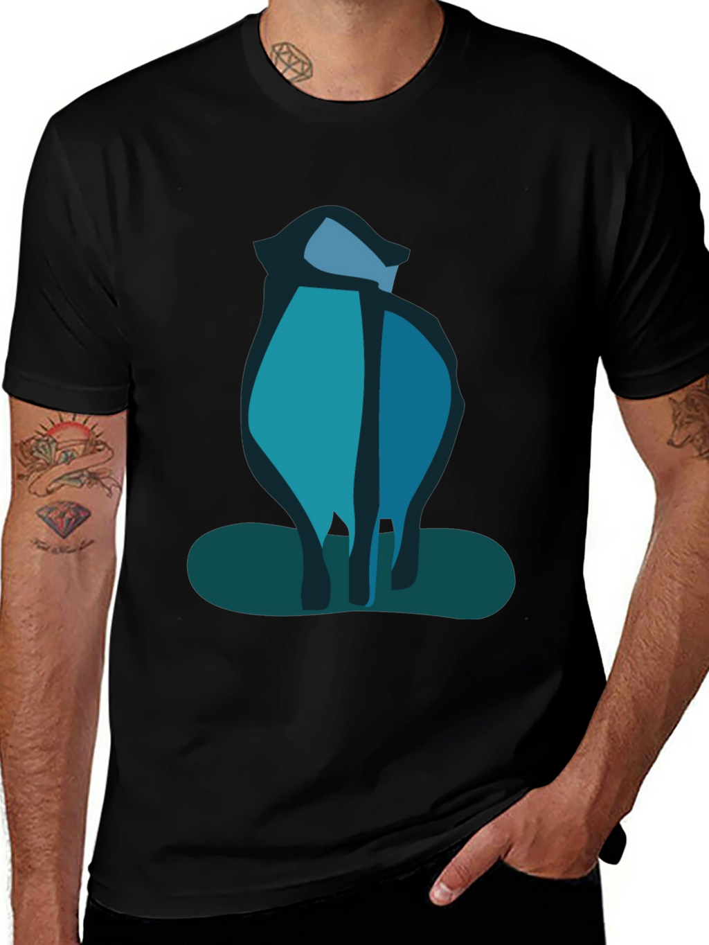 Abstract Blue Cat Black T-Shirt