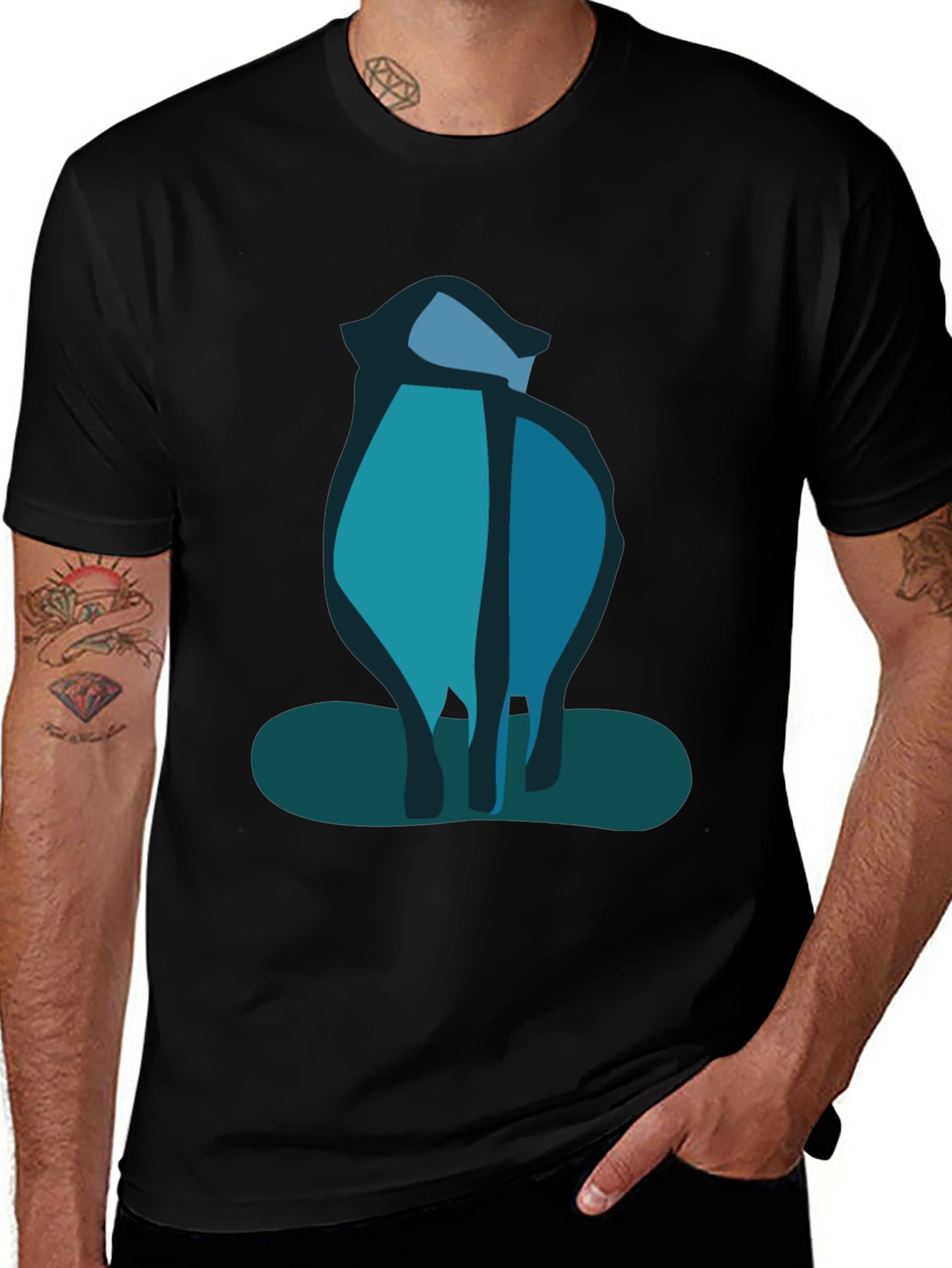 Abstract Blue Cat Black T-Shirt
