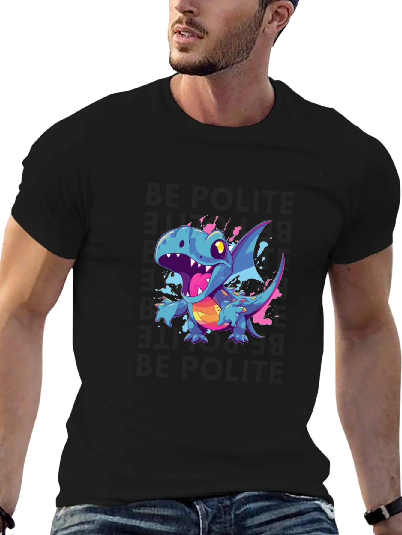 Cartoon Dragon Graphic Black T-Shirt