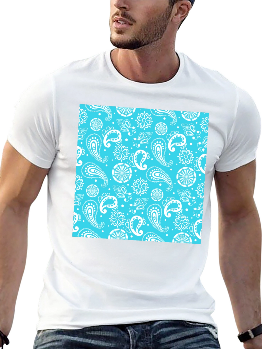 Black Tee with Blue Bandana Print