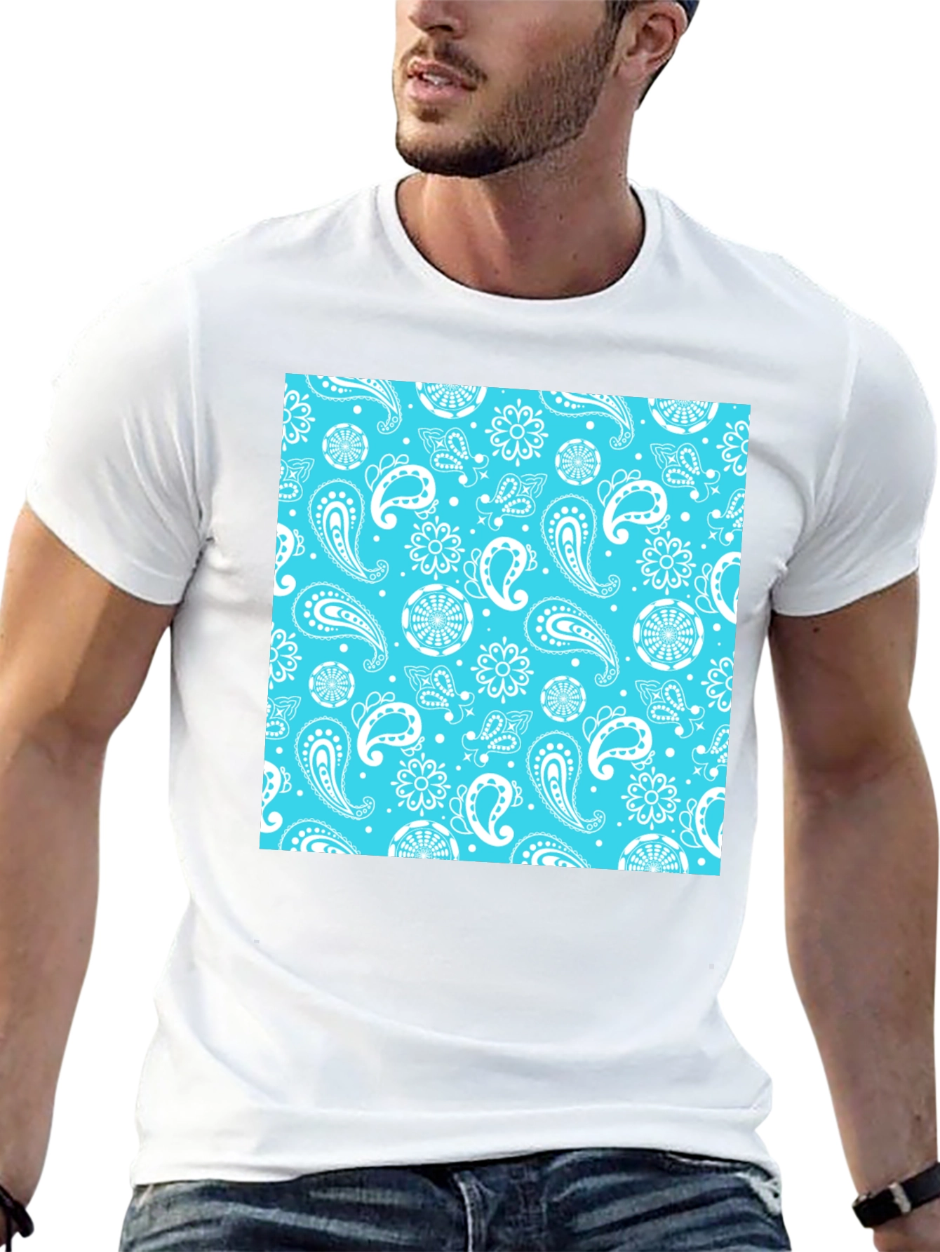 Black Tee with Blue Bandana Print