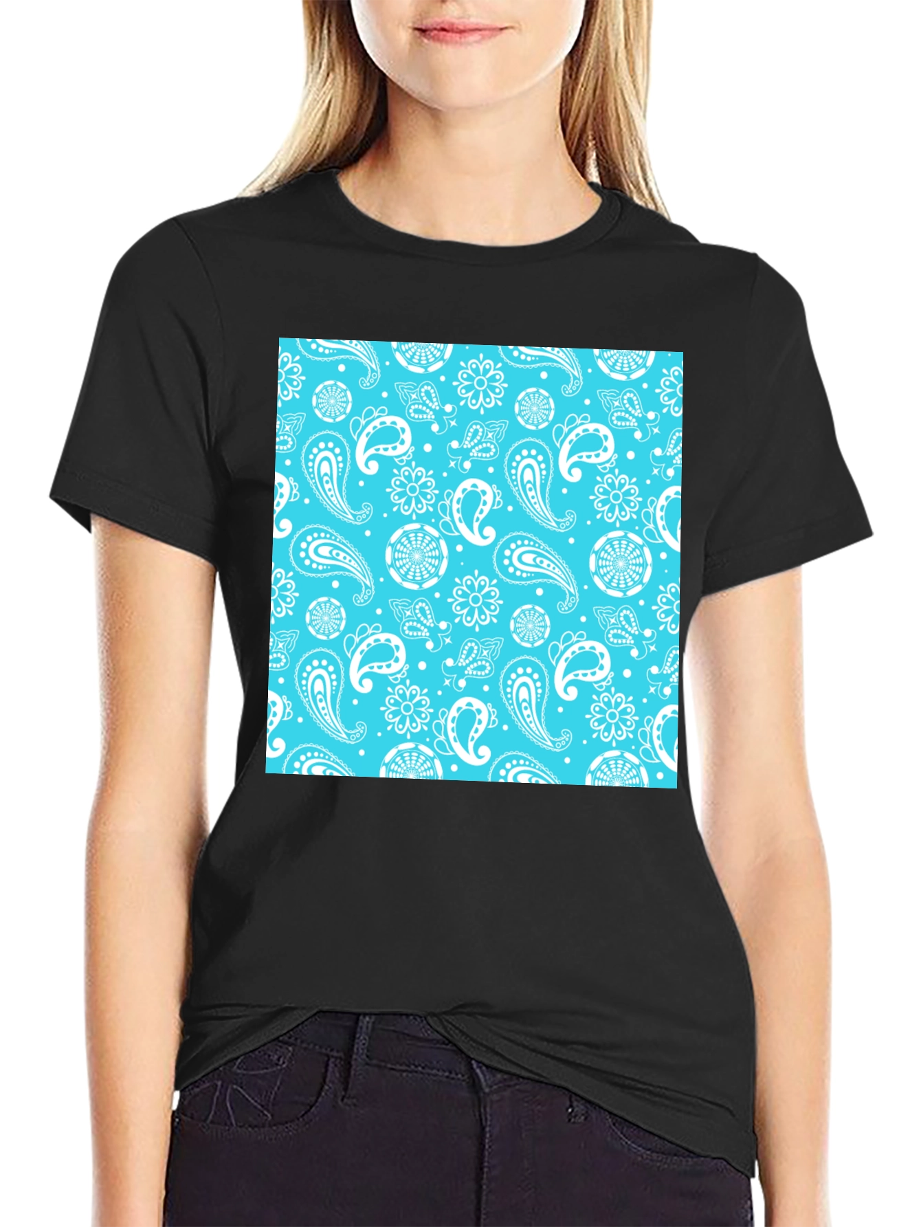 Black Tee with Blue Bandana Print