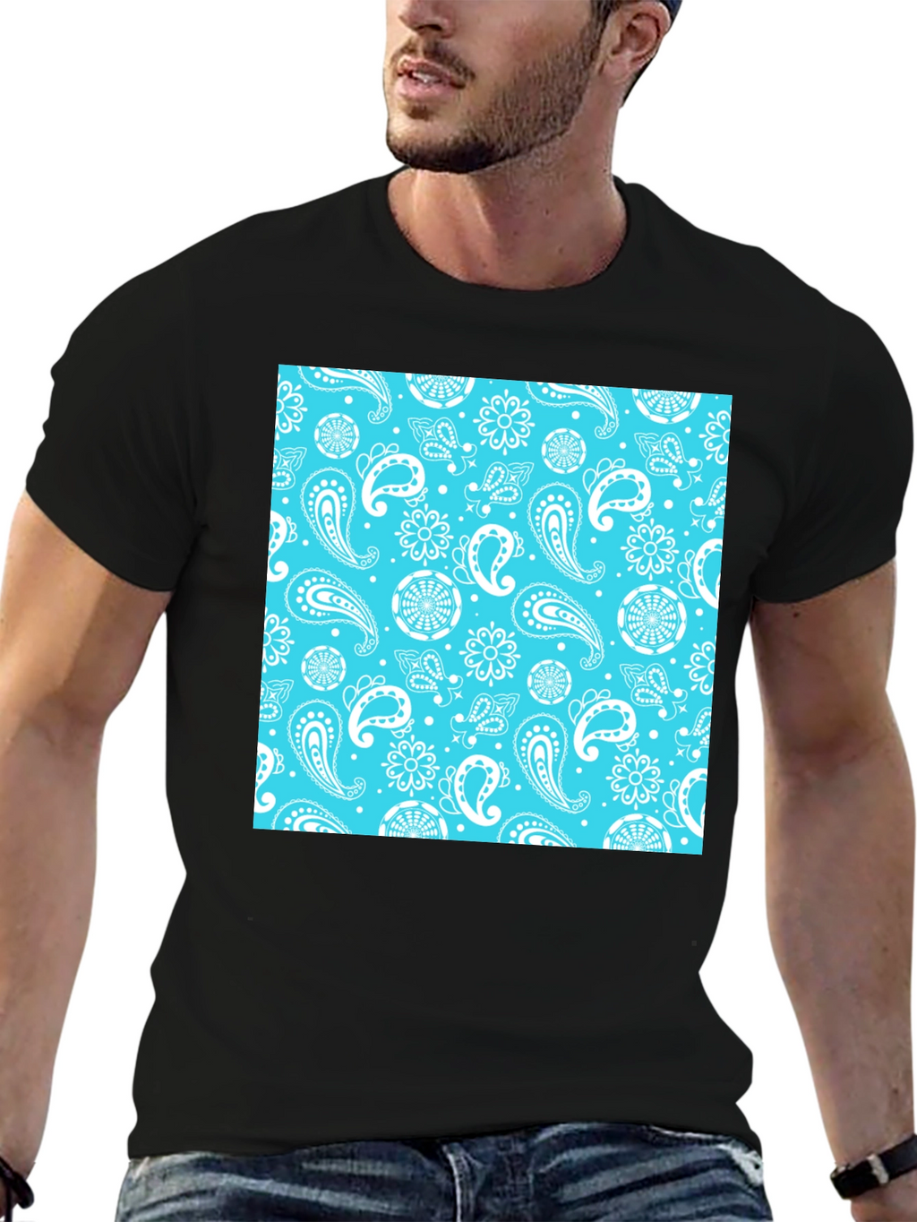 Black Tee with Blue Bandana Print