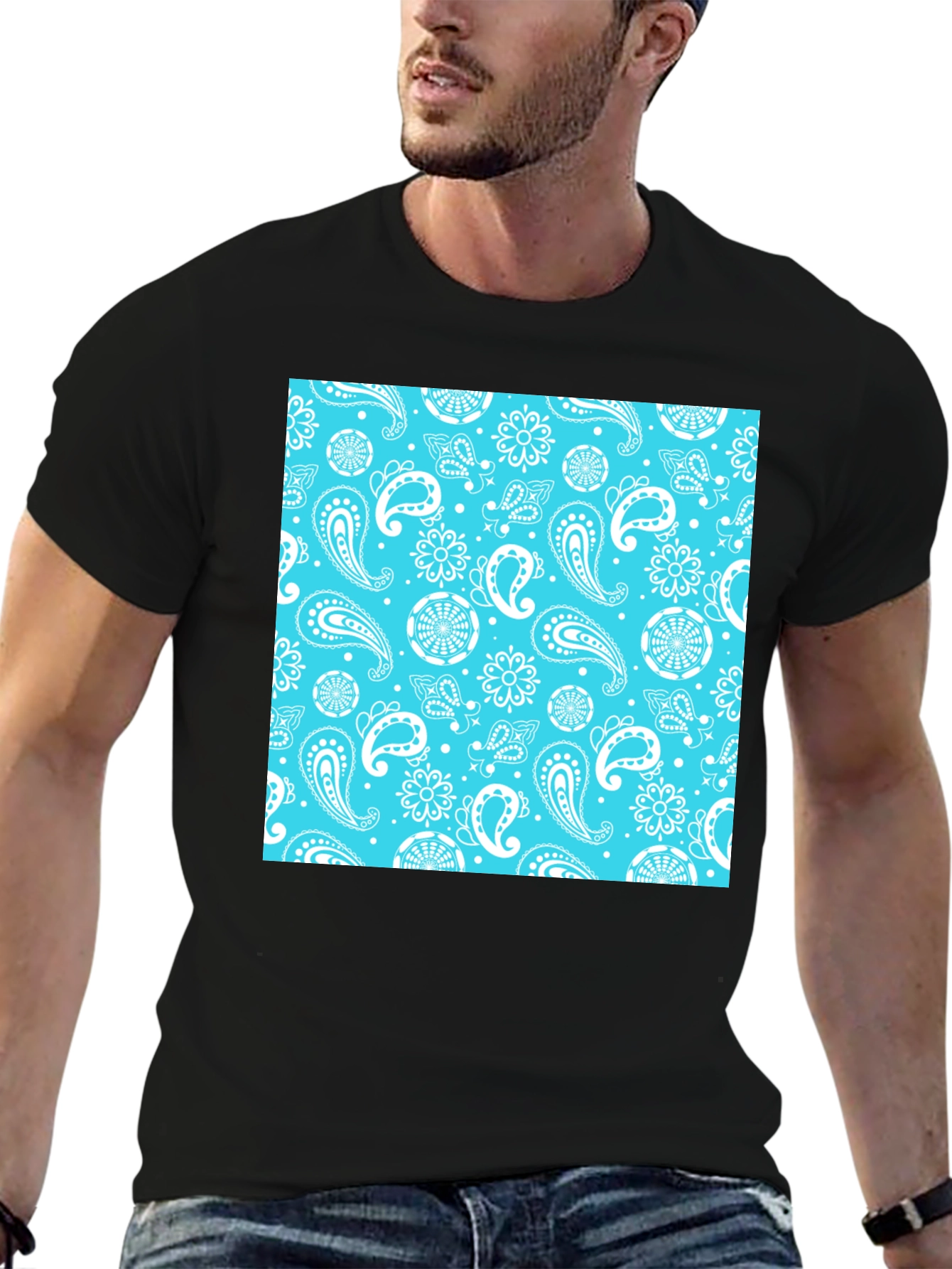 Black Tee with Blue Bandana Print