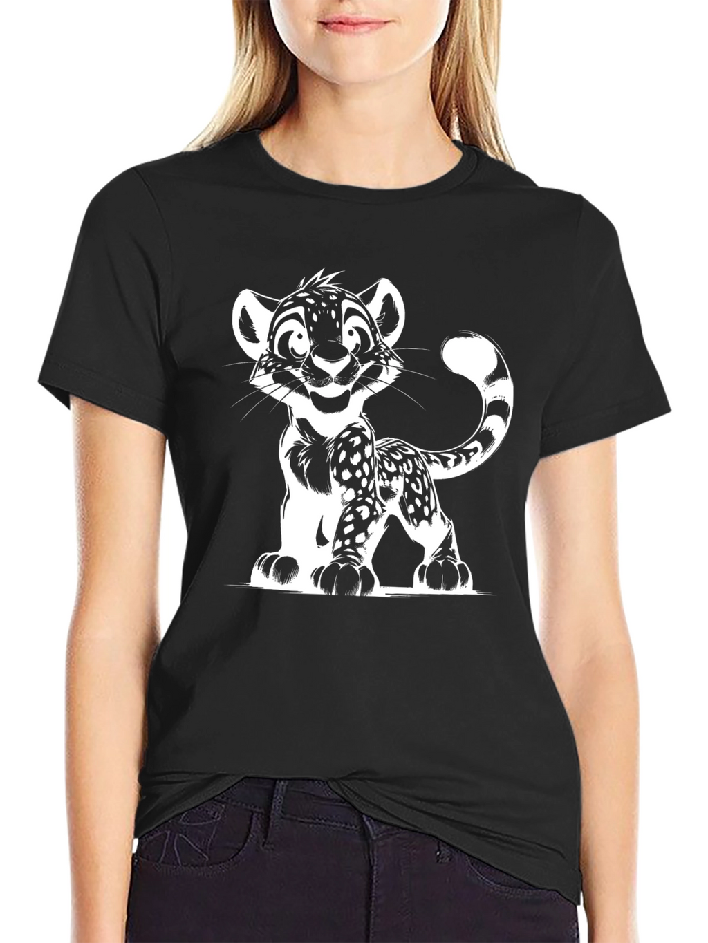 Cartoon Leopard Graphic Black Tee