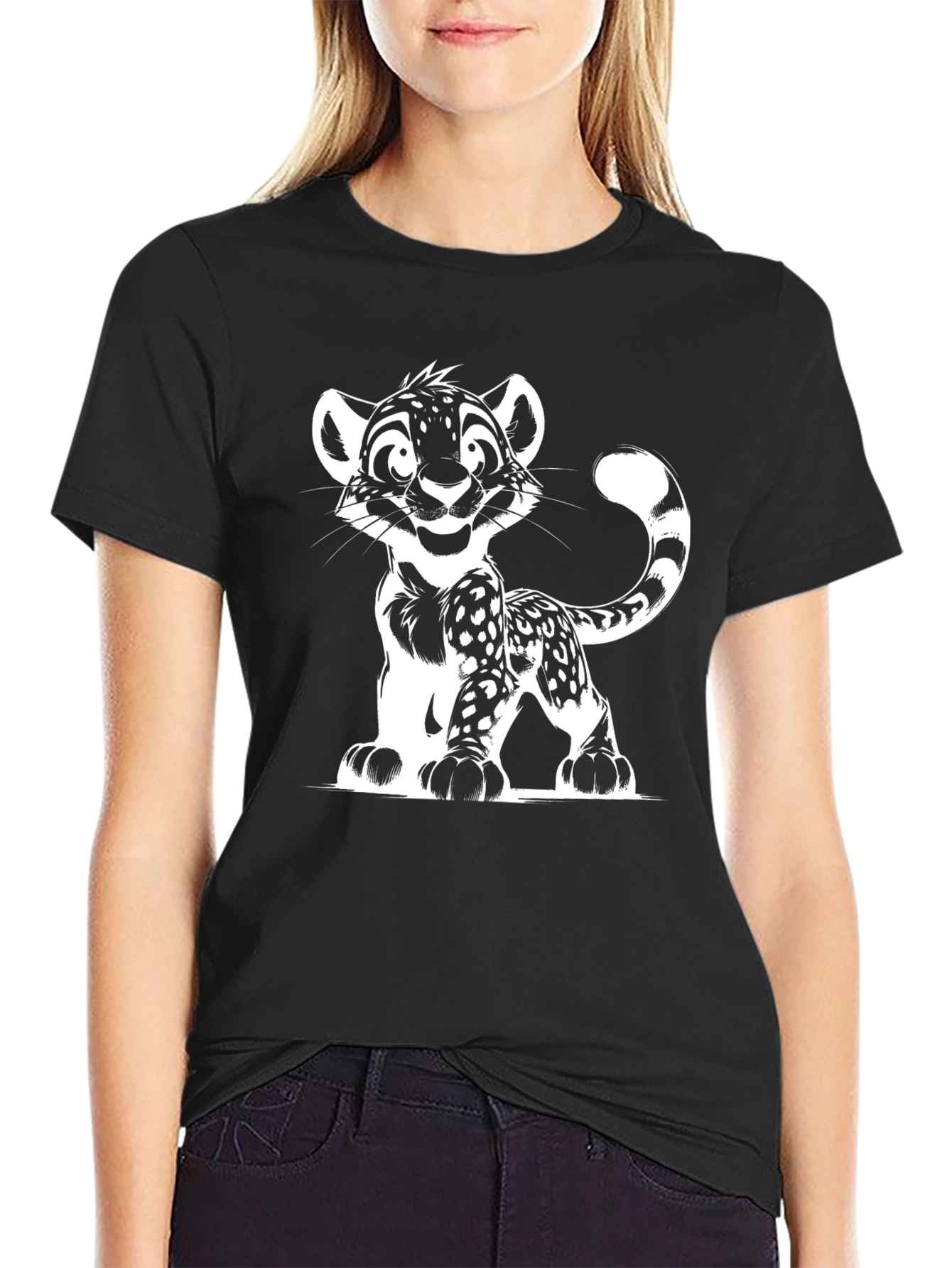 Cartoon Leopard Graphic Black Tee