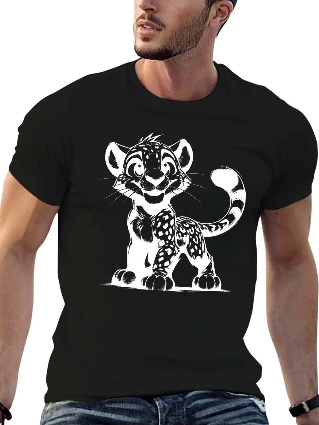 Cartoon Leopard Graphic Black Tee