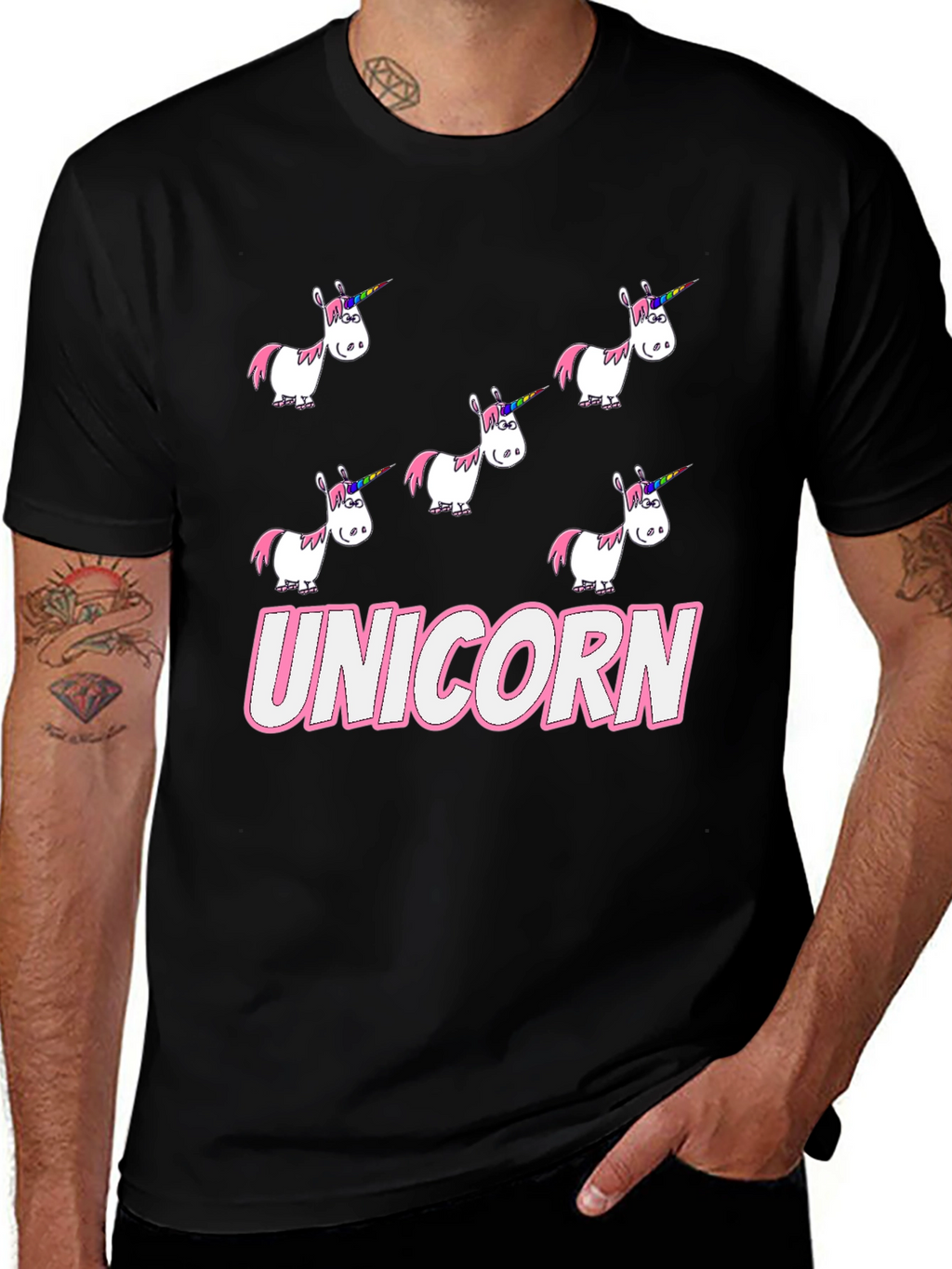 Unicorn Cartoon Print Black T-Shirt