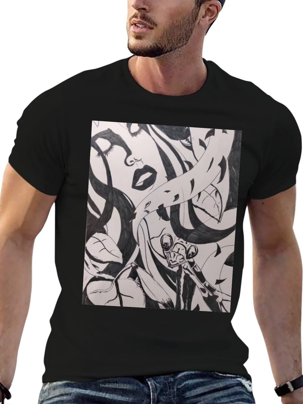 Unique Black T-Shirt with Artistic Graphic Print