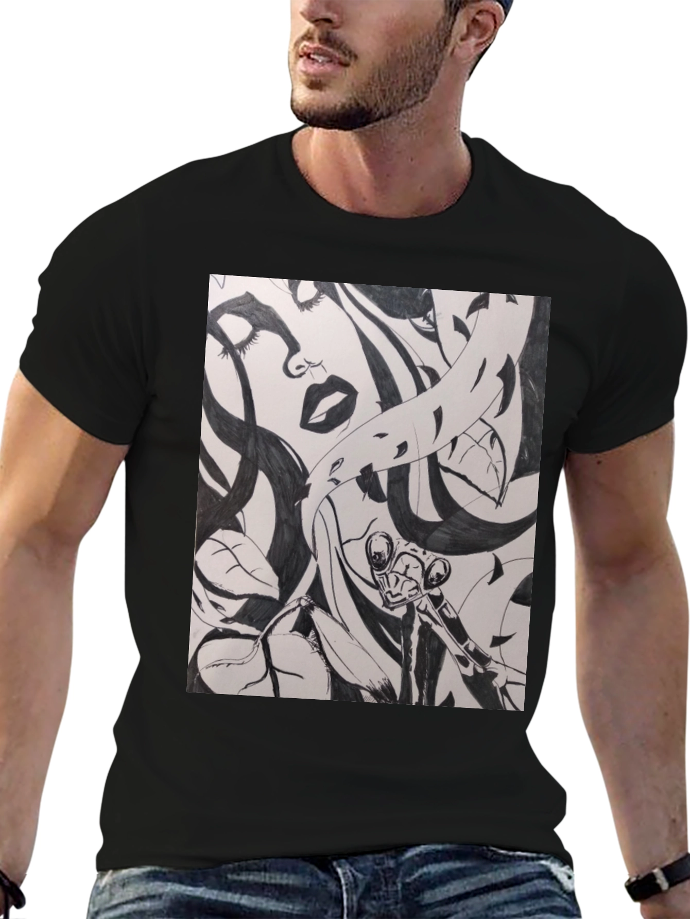 Unique Black T-Shirt with Artistic Graphic Print