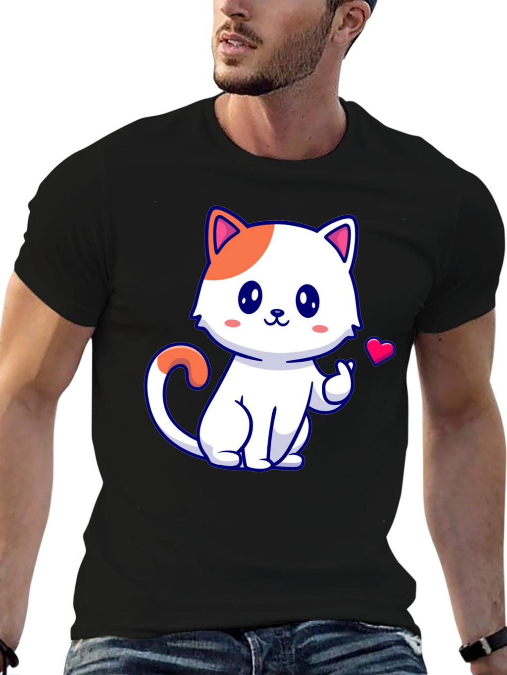 Cute Cat Graphic Tee - Black Cotton T-Shirt