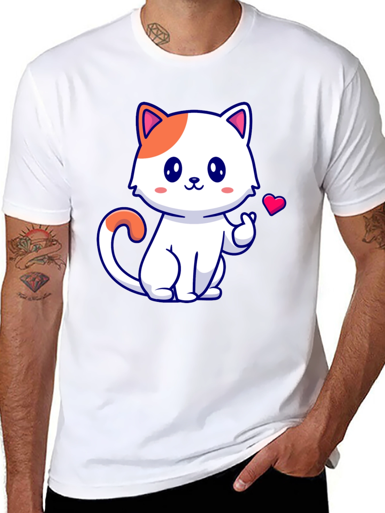 Cute Cat Graphic Tee - Black Cotton T-Shirt