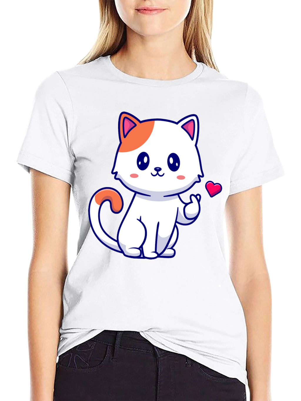 Cute Cat Graphic Tee - Black Cotton T-Shirt