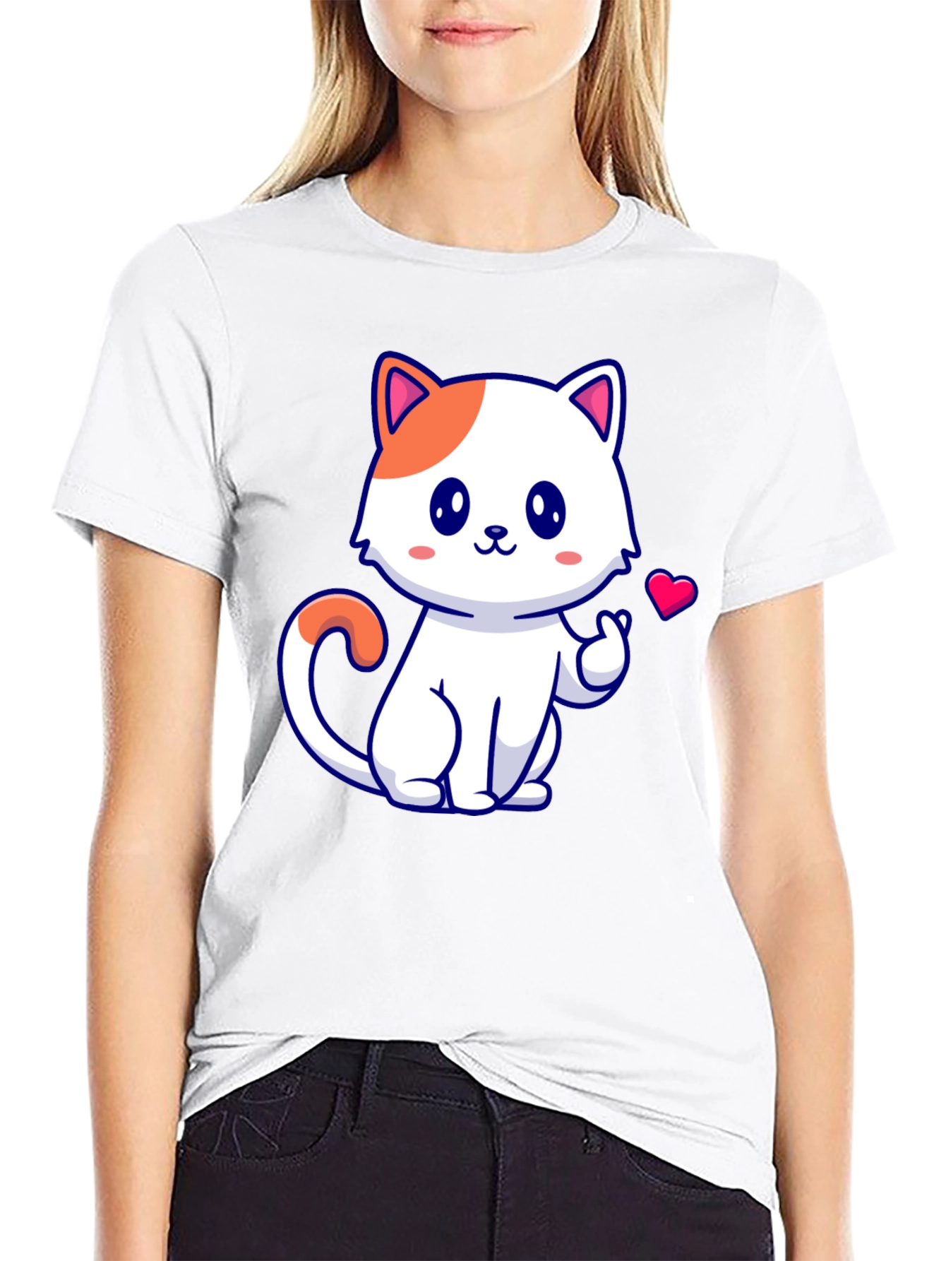 Cute Cat Graphic Tee - Black Cotton T-Shirt