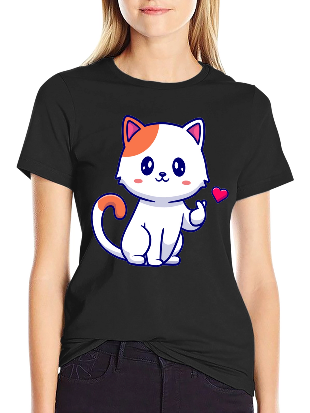 Cute Cat Graphic Tee - Black Cotton T-Shirt