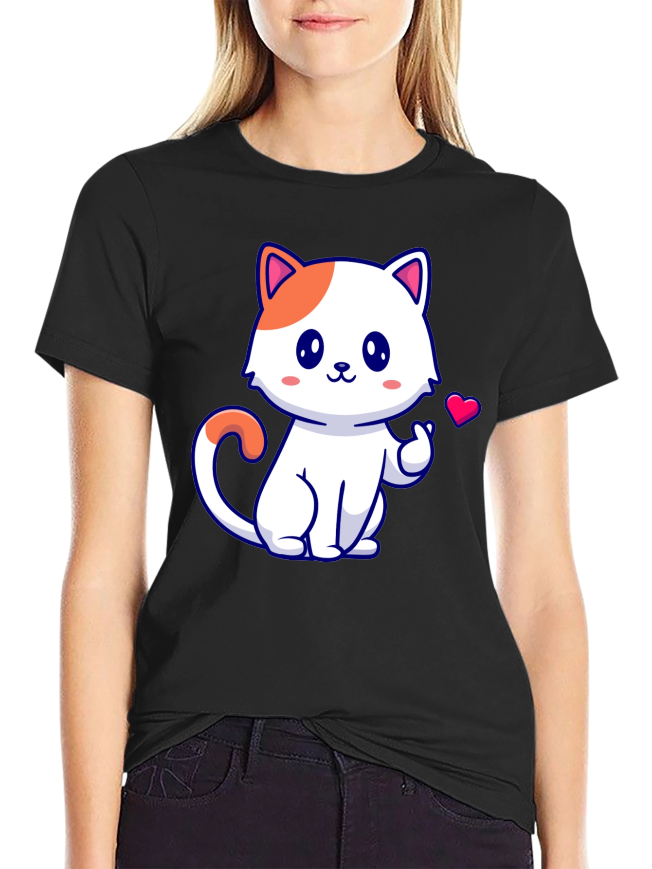 Cute Cat Graphic Tee - Black Cotton T-Shirt