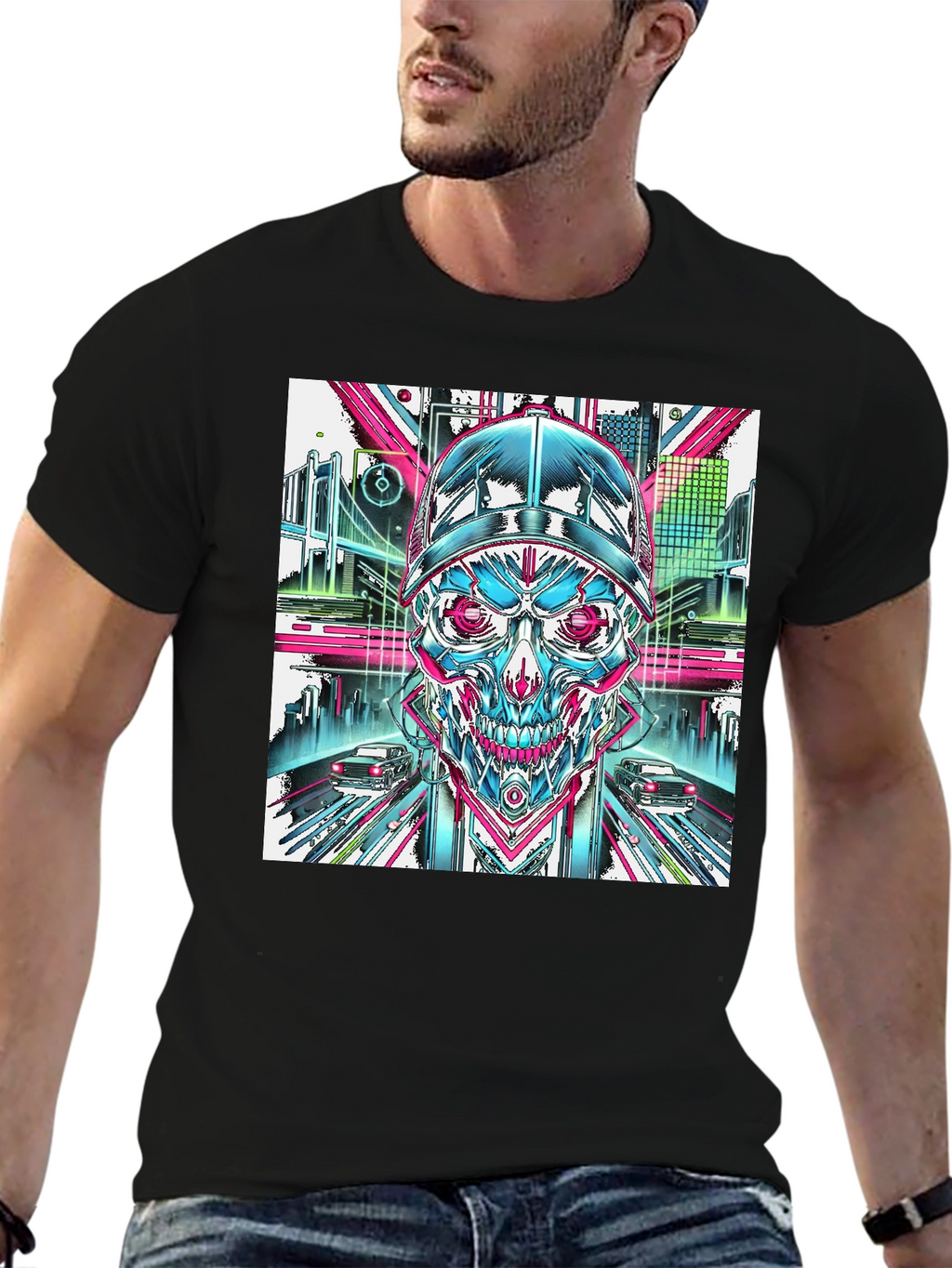 Cyberpunk Skull Graphic T-Shirt