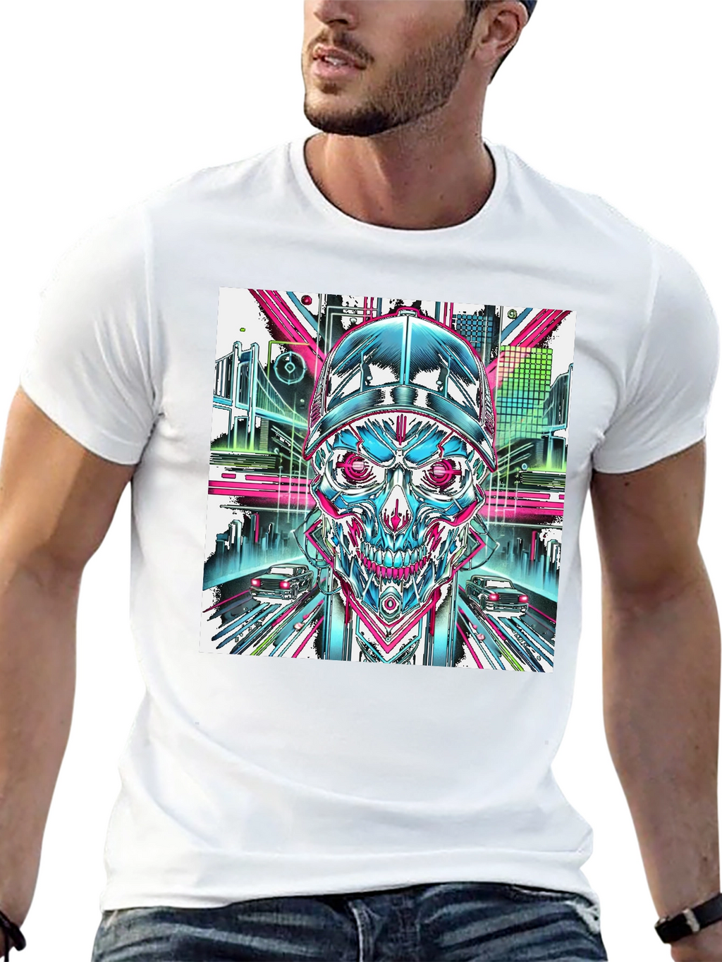 Cyberpunk Skull Graphic T-Shirt