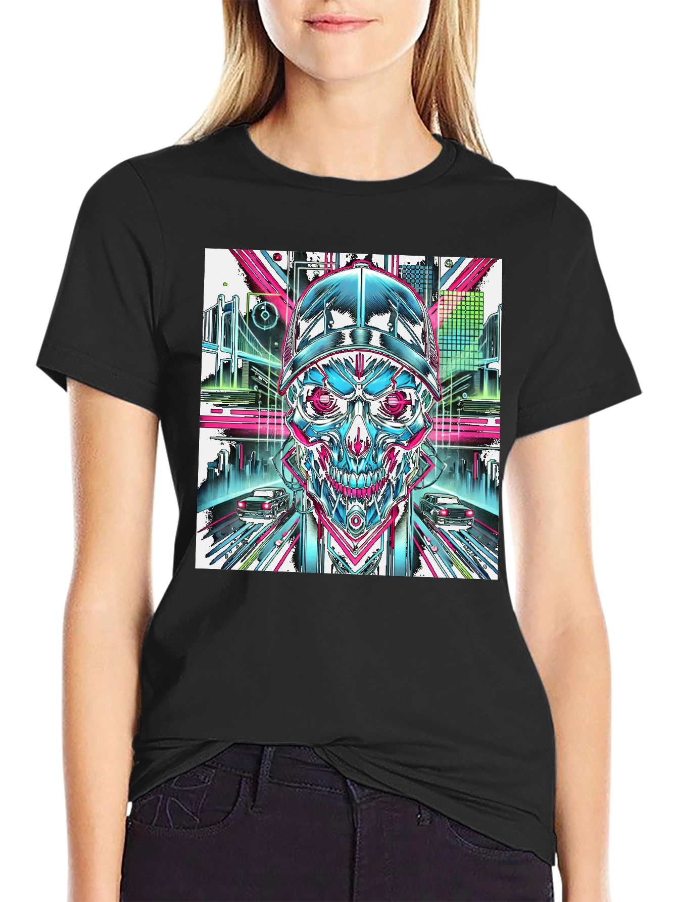Cyberpunk Skull Graphic T-Shirt