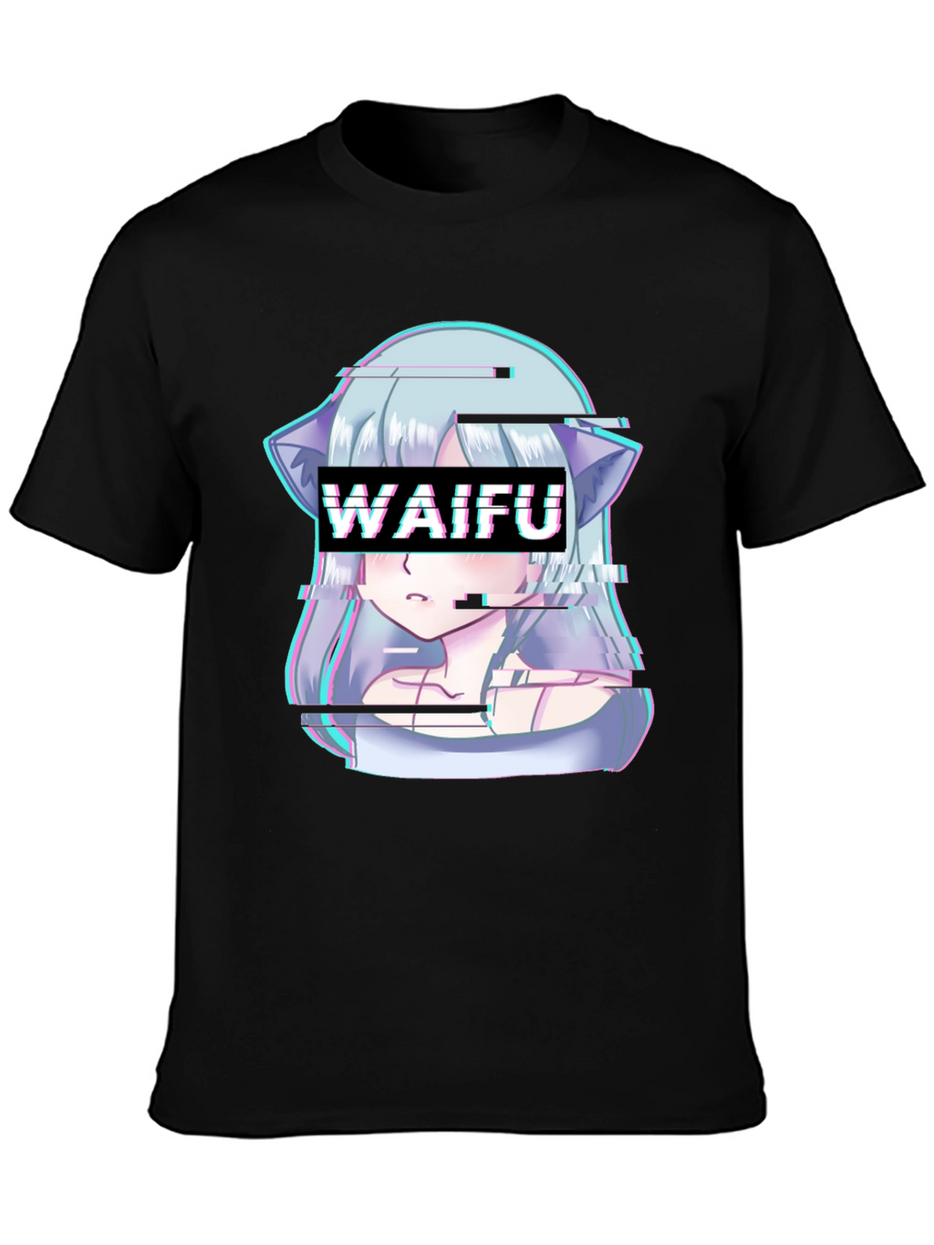 Waifu Glitch Anime Graphic Tee - Black T-Shirt