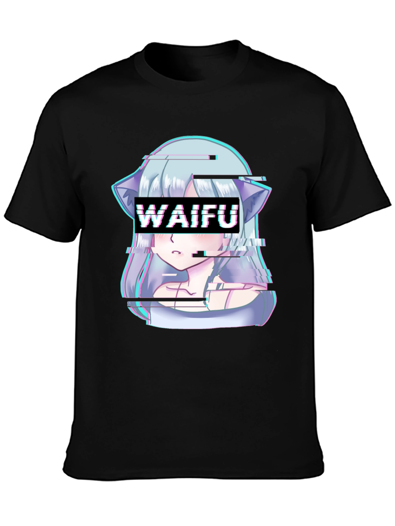 Waifu Glitch Anime Graphic Tee - Black T-Shirt