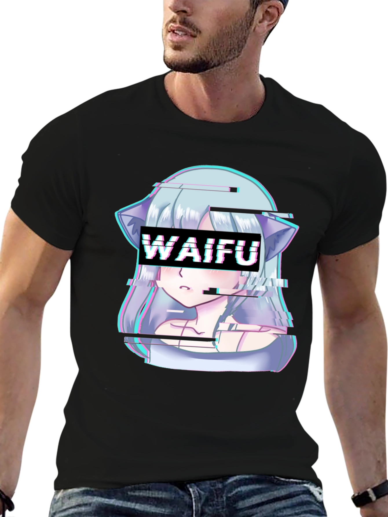 Waifu Glitch Anime Graphic Tee - Black T-Shirt