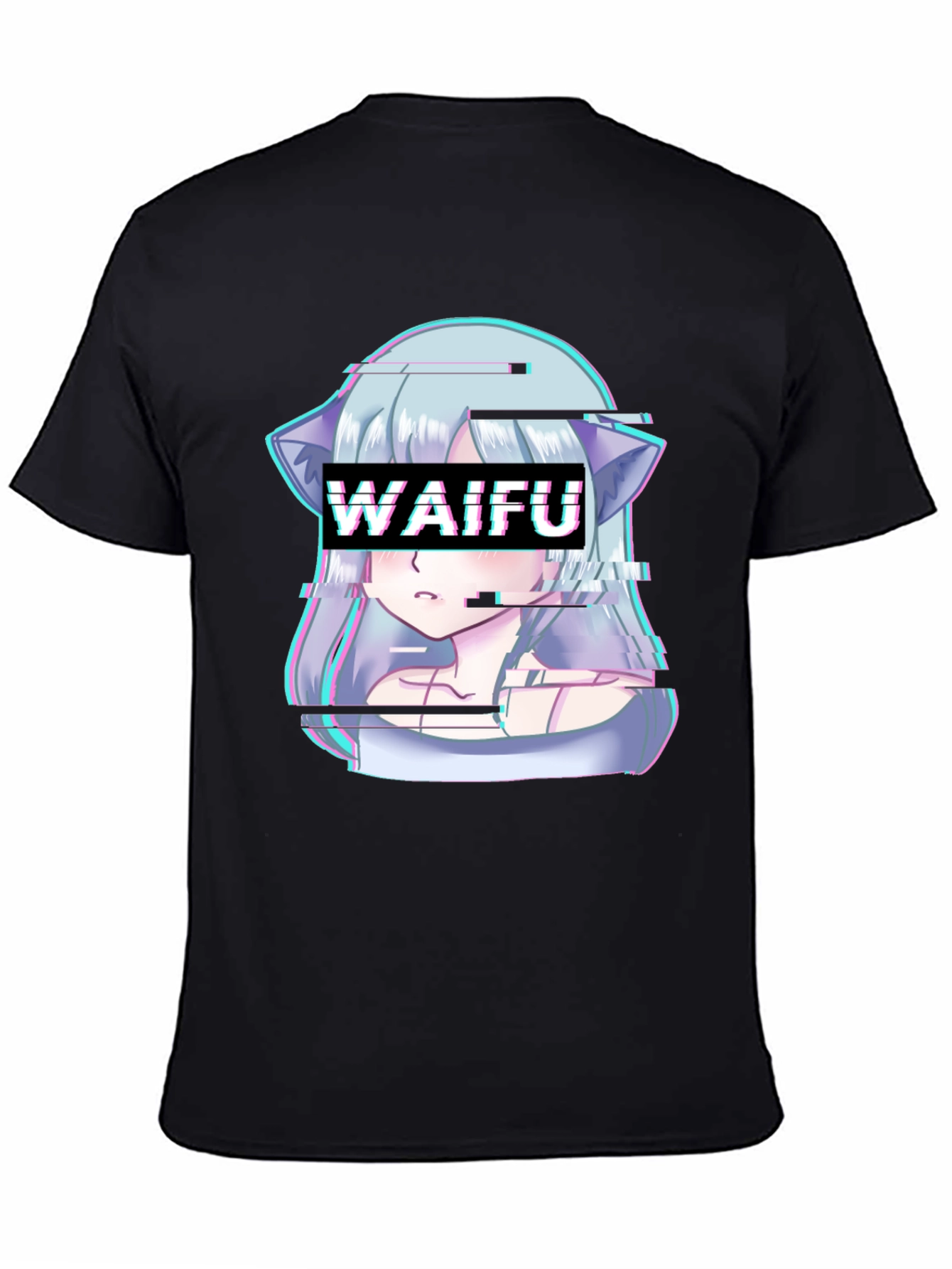Waifu Glitch Anime Graphic Tee - Black T-Shirt