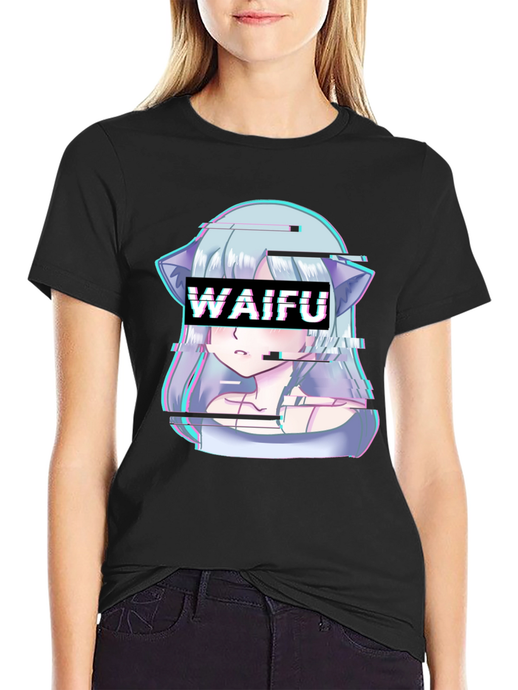 Waifu Glitch Anime Graphic Tee - Black T-Shirt