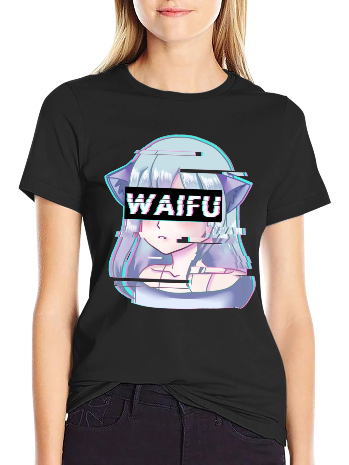 Waifu Glitch Anime Graphic Tee - Black T-Shirt