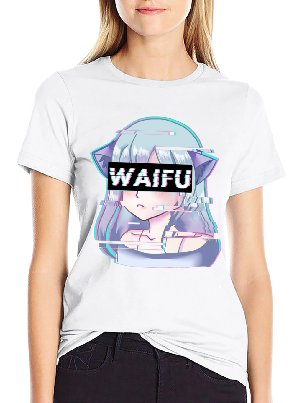 Waifu Glitch Anime Graphic Tee - Black T-Shirt