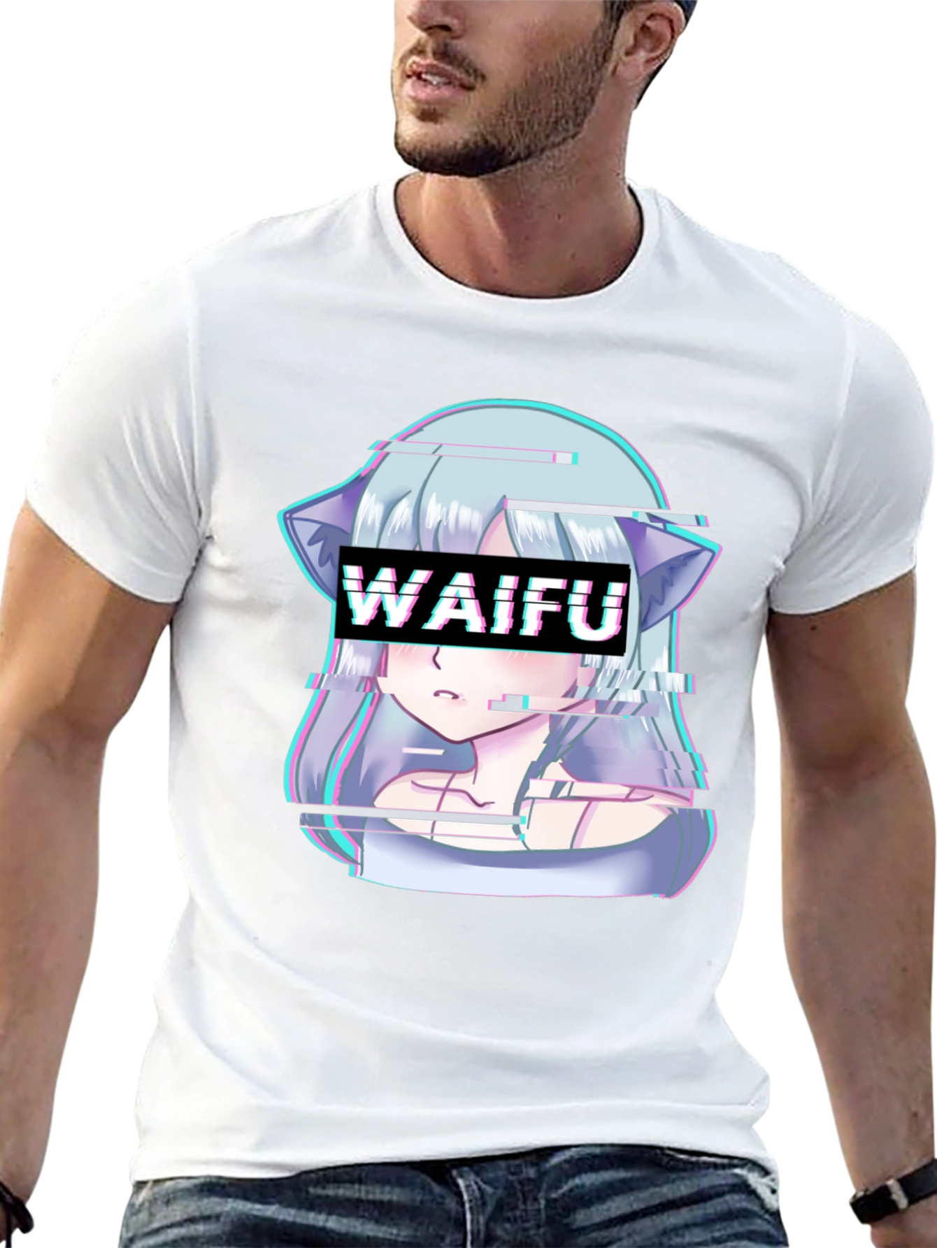 Waifu Glitch Anime Graphic Tee - Black T-Shirt