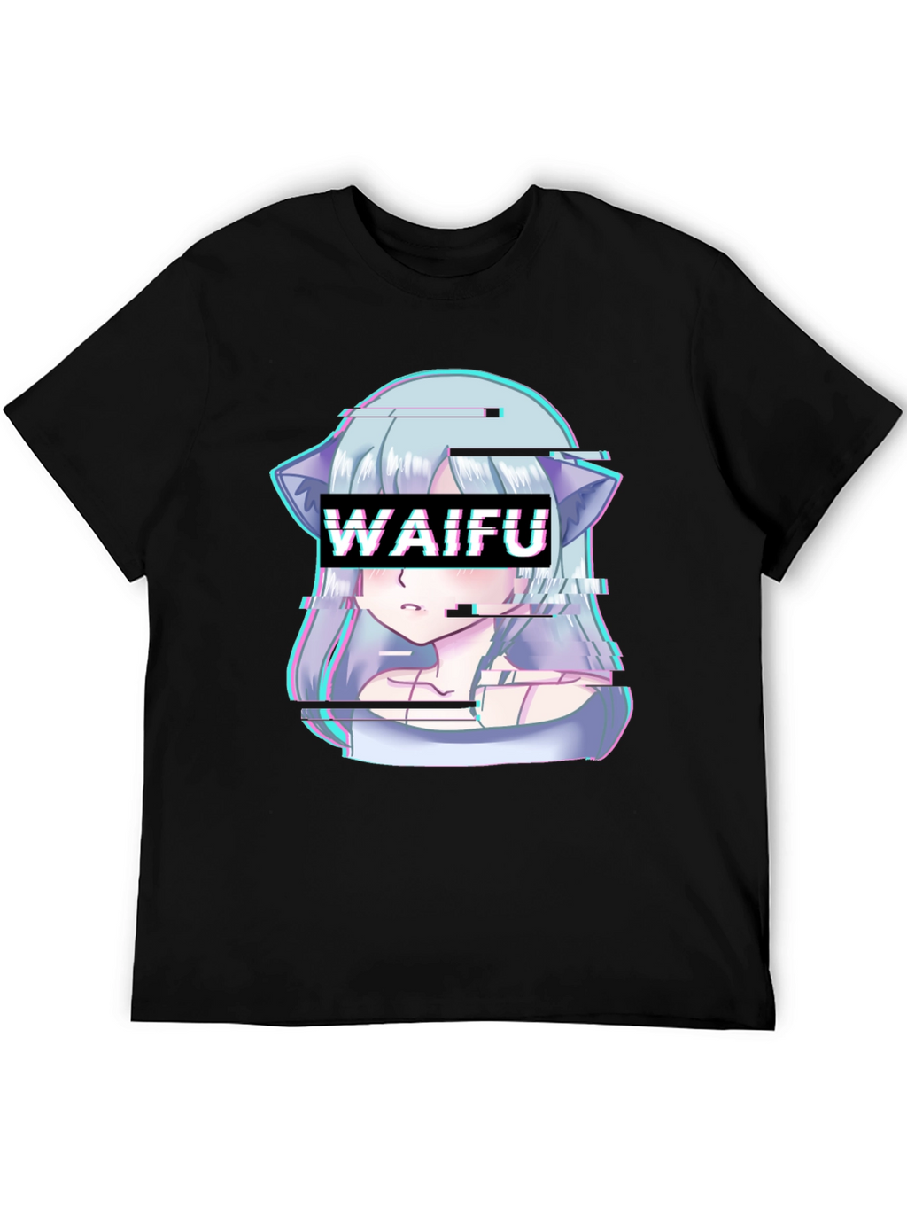 Waifu Glitch Anime Graphic Tee - Black T-Shirt