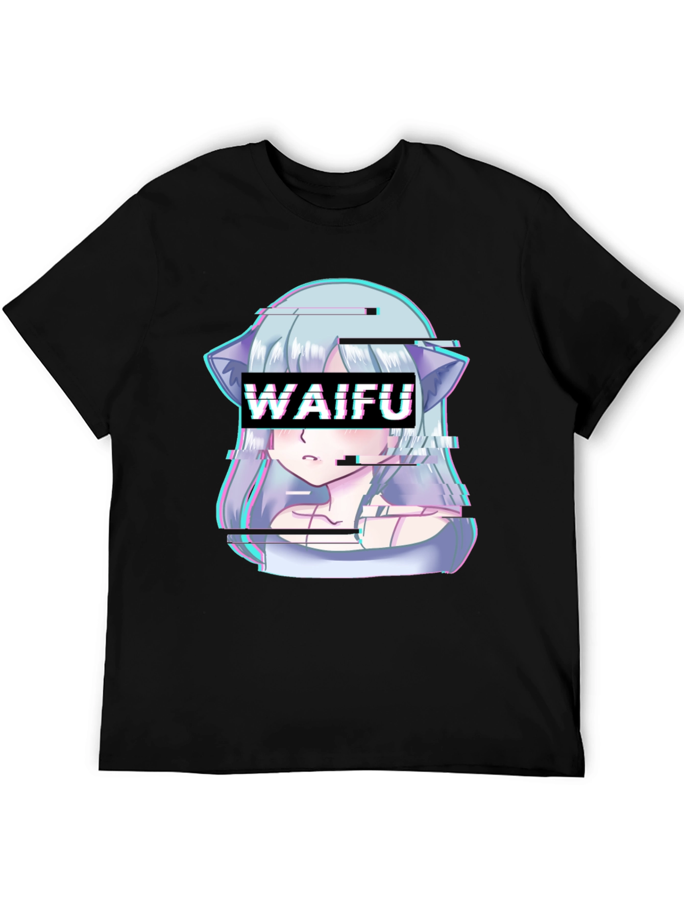 Waifu Glitch Anime Graphic Tee - Black T-Shirt