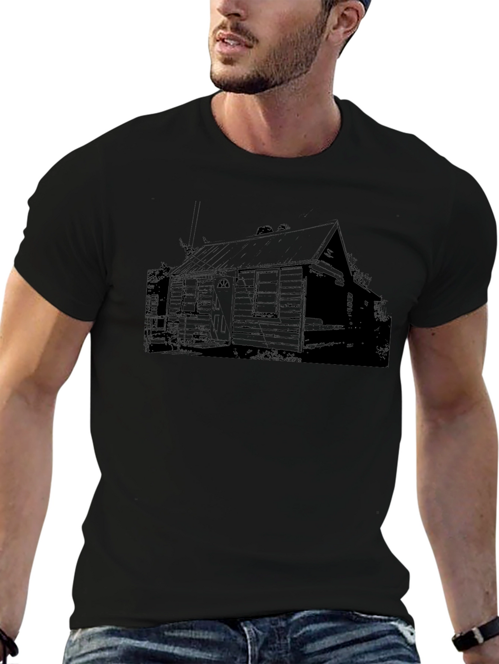 Rustic Cabin Print Black T-Shirt