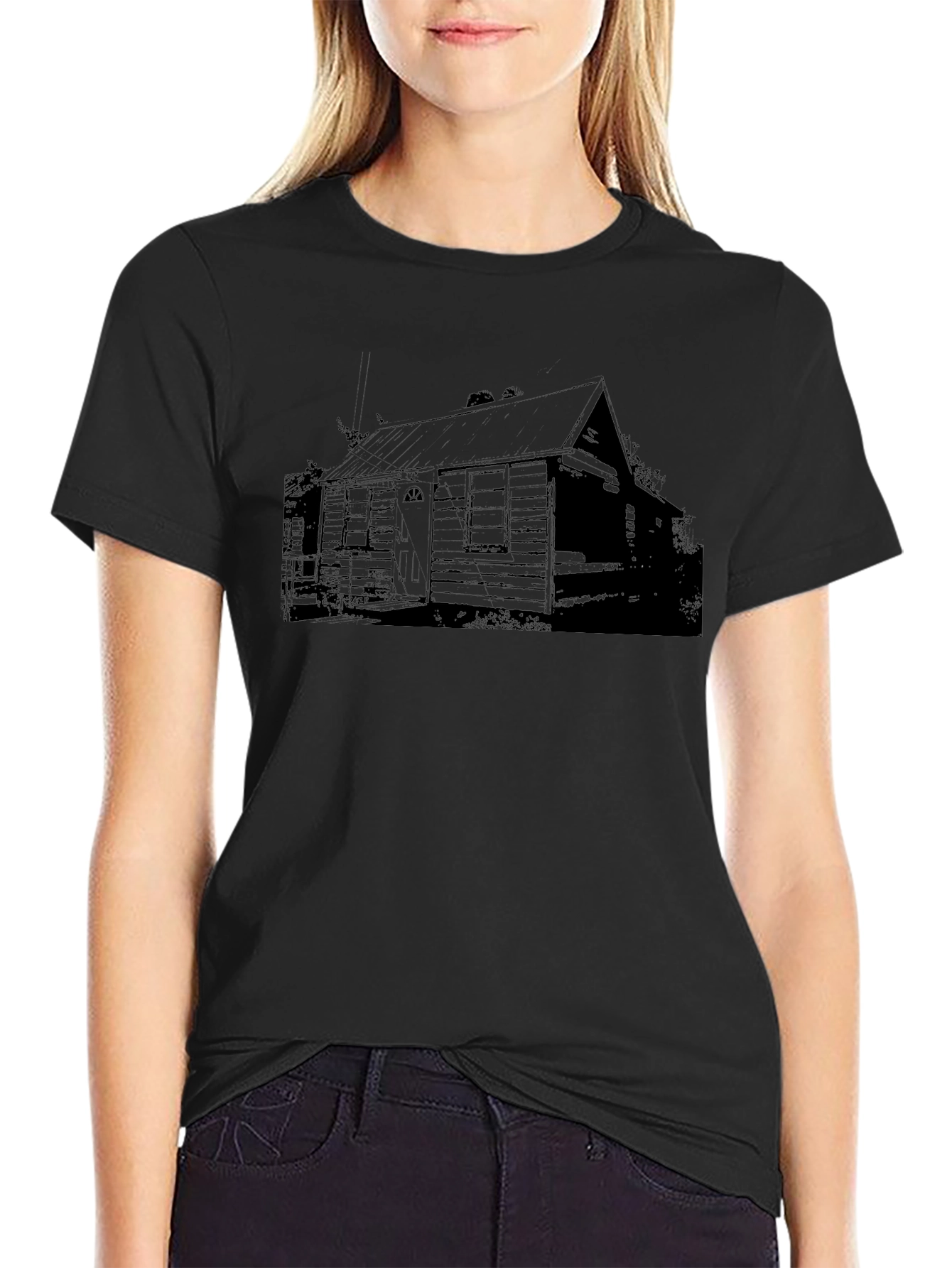Rustic Cabin Print Black T-Shirt