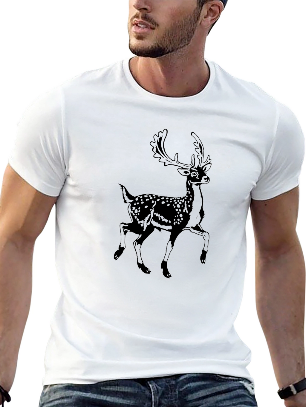 Mens Black T-Shirt with Deer Graphic