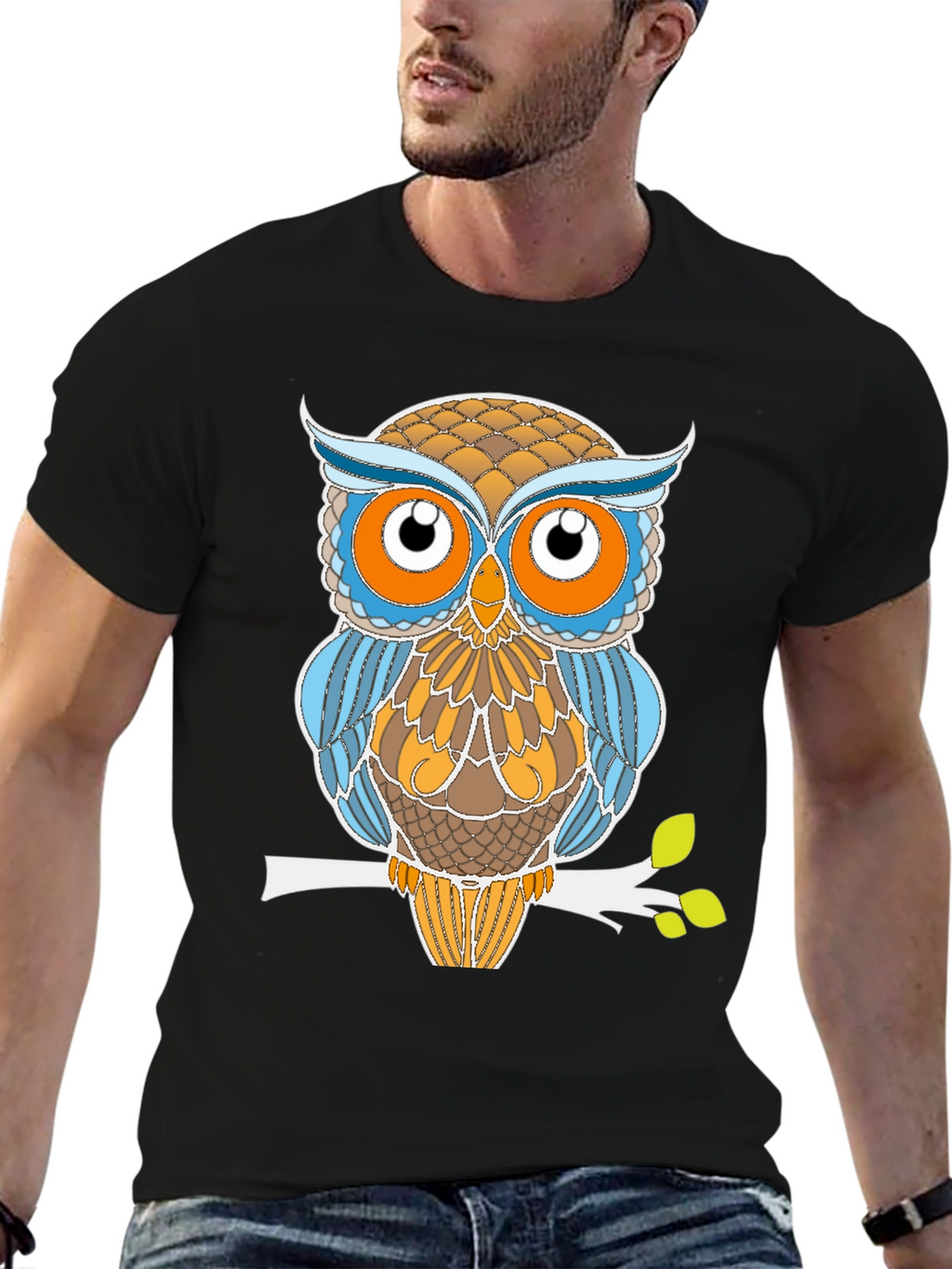 Stylized Owl Graphic Tee - Black Cotton Blend