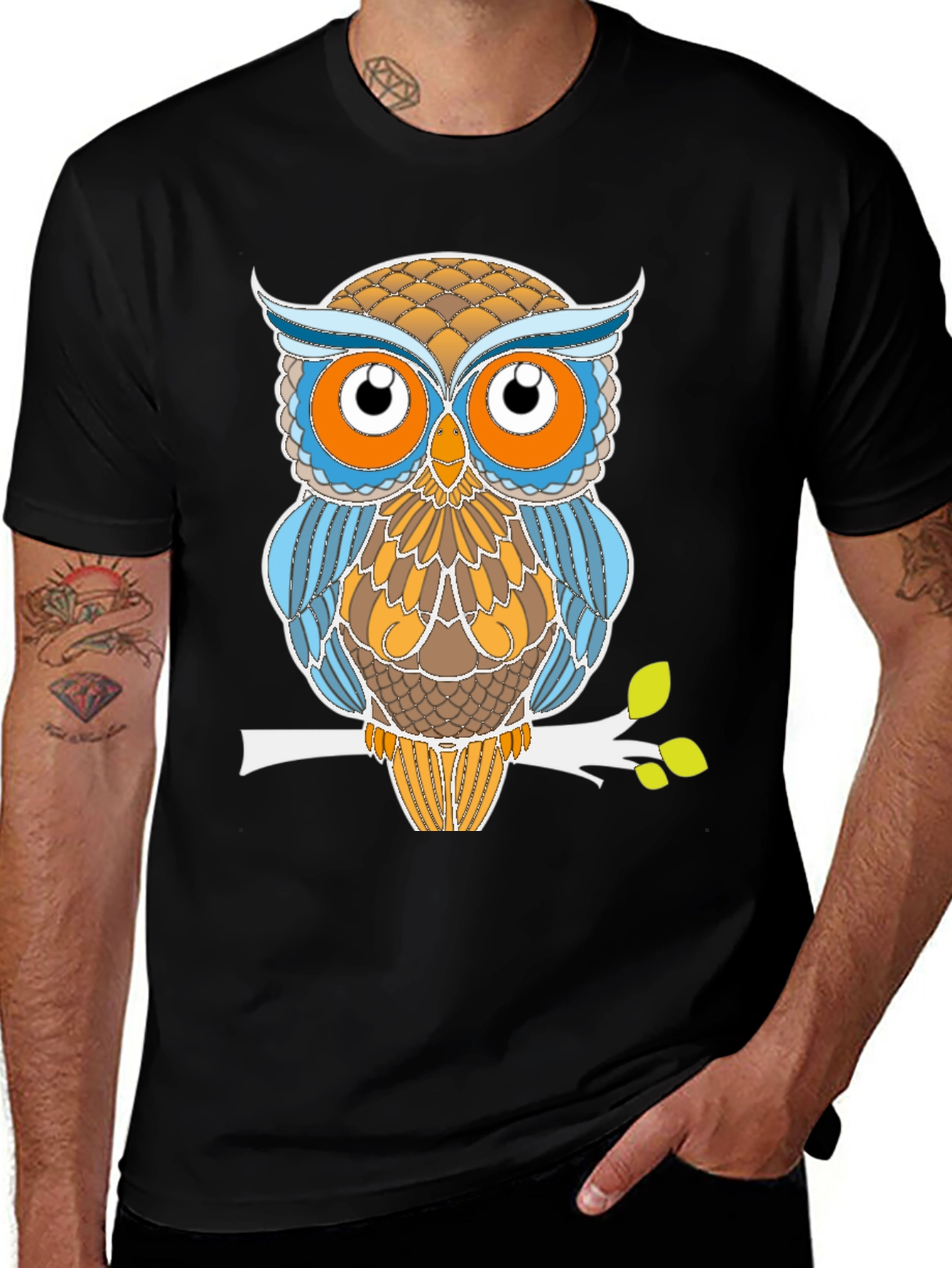 Stylized Owl Graphic Tee - Black Cotton Blend