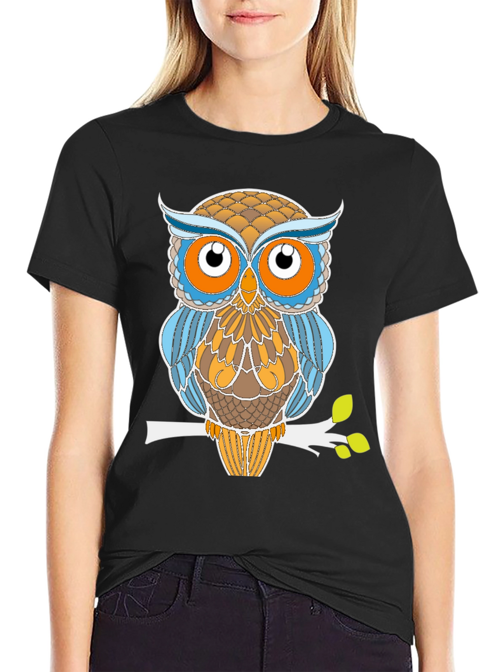 Stylized Owl Graphic Tee - Black Cotton Blend