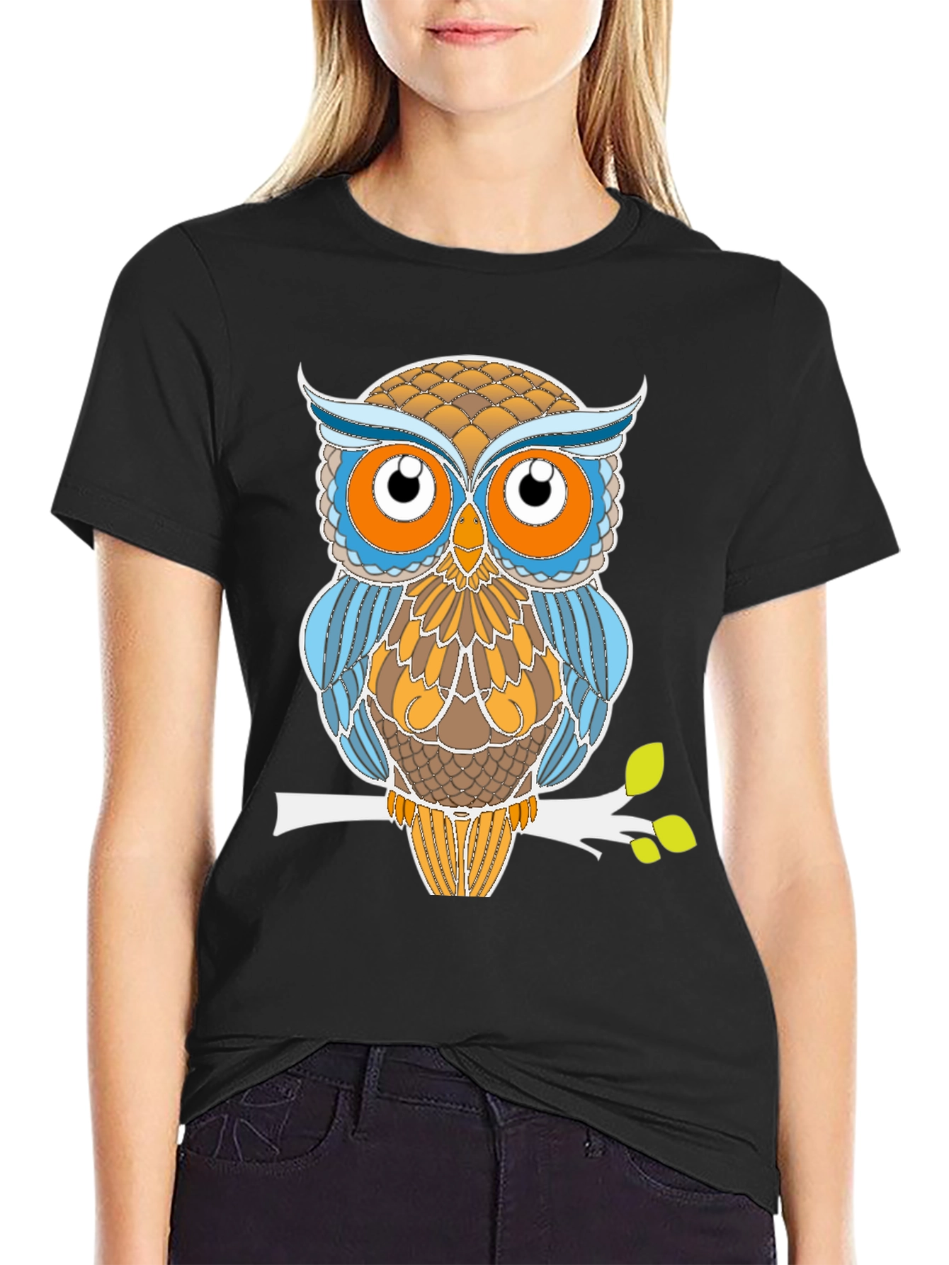 Stylized Owl Graphic Tee - Black Cotton Blend