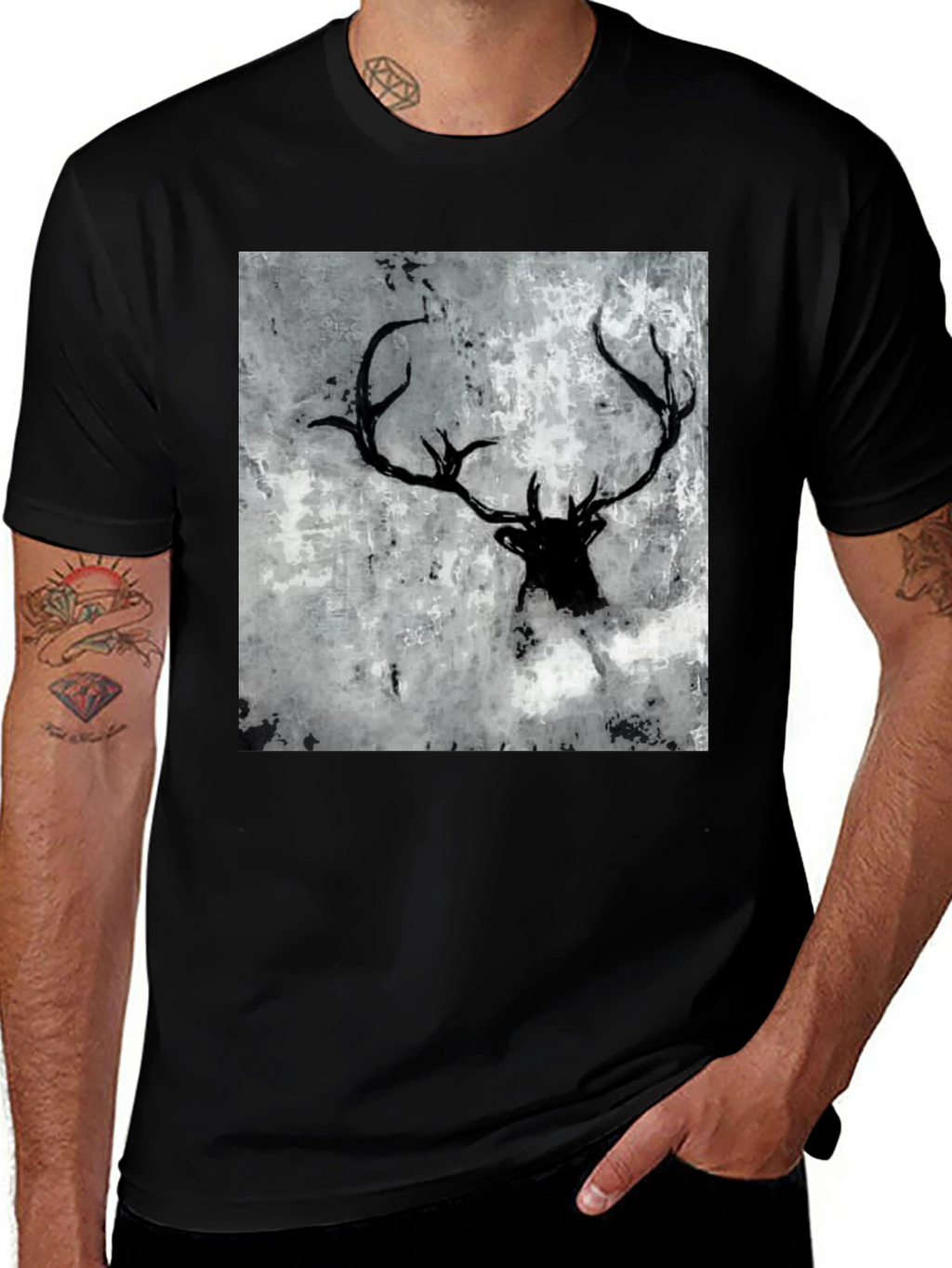 Black Deer Antler Graphic Tee - Abstract Print Shirt