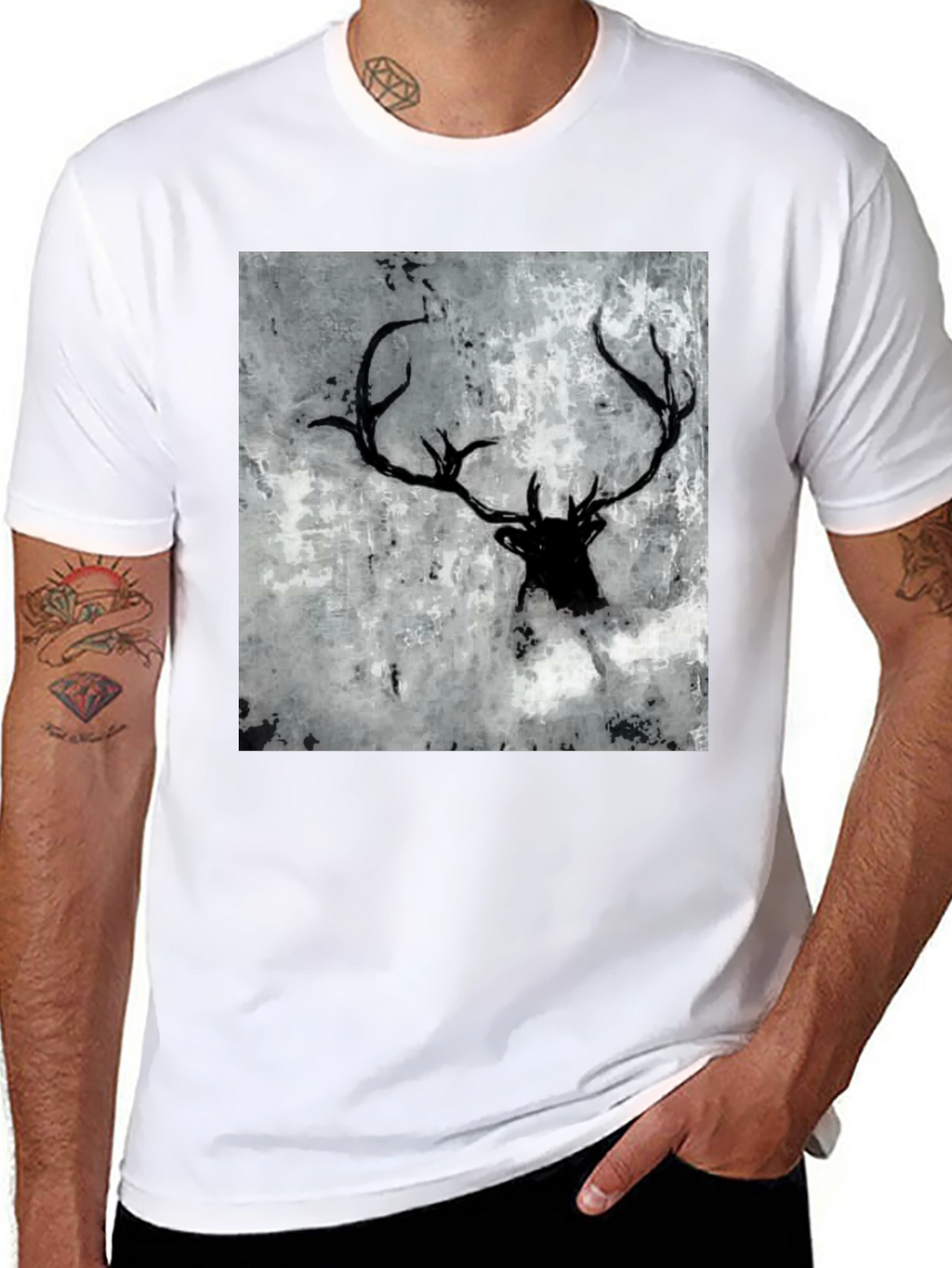 Black Deer Antler Graphic Tee - Abstract Print Shirt